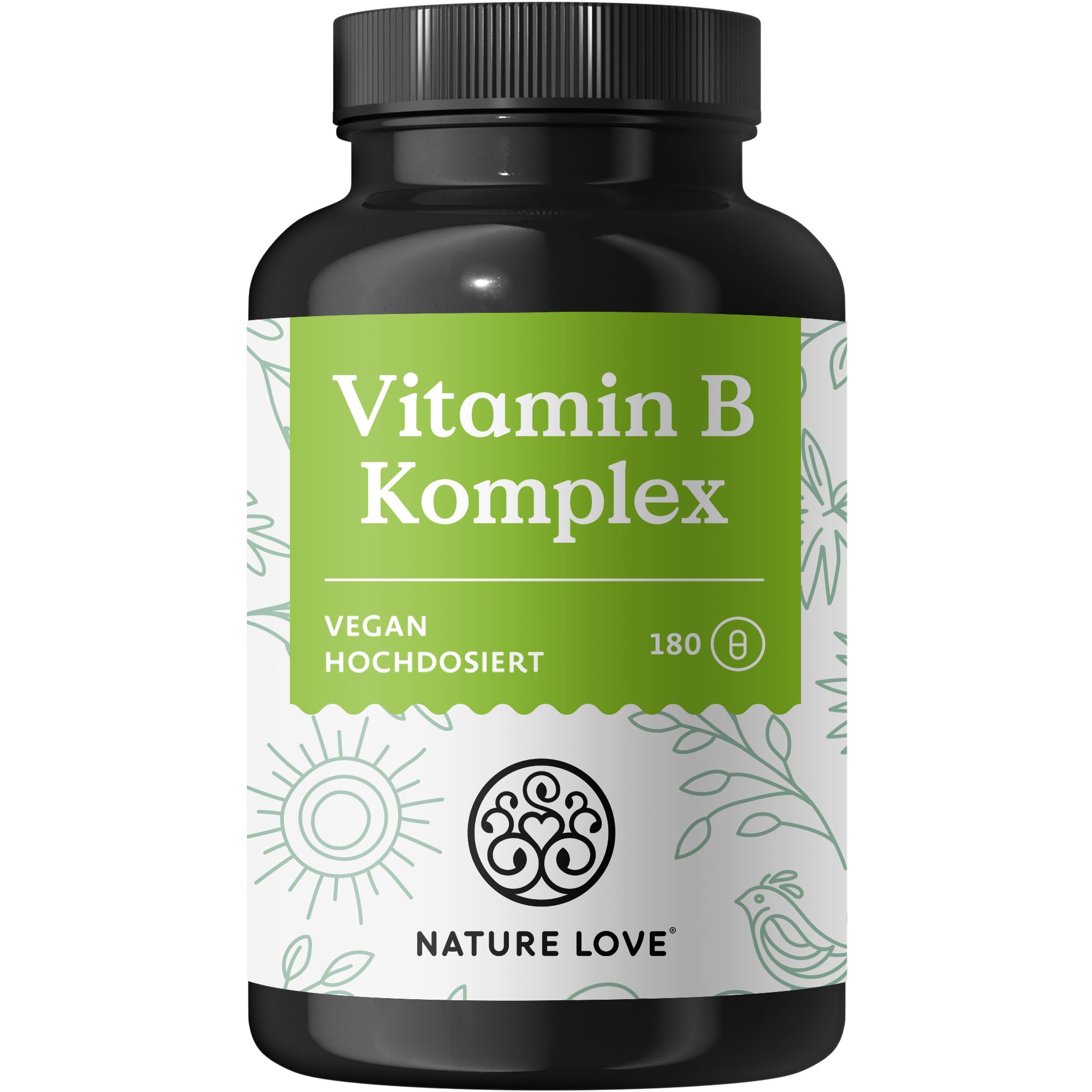 Schwarze Flasche NATURE LOVE® Vitamin B Komplex. Grünes Etikett mit Produktnamen und Logo. Vegan, hochdosiert, 180 Kapseln.