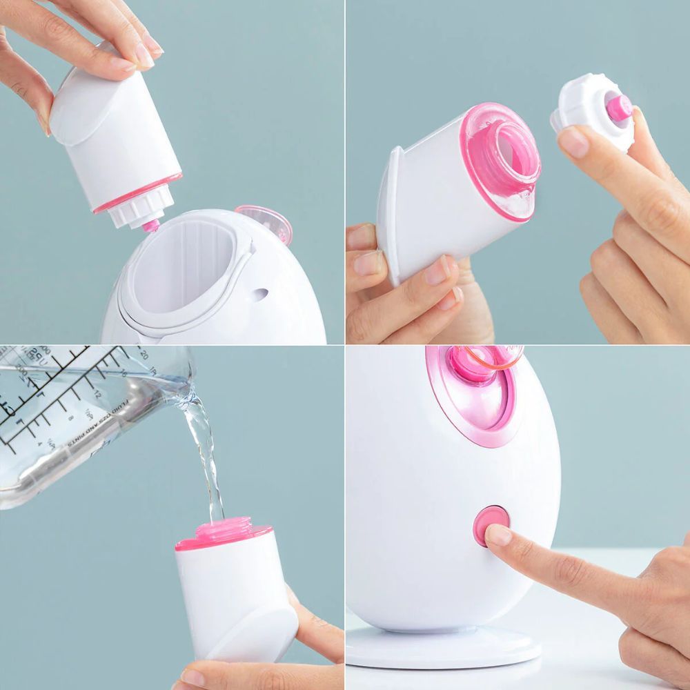 Vier Bilder zeigen die Montage des Geräts. Komponenten: weißes Gehäuse, rosa Elemente, Wasserbehälter.