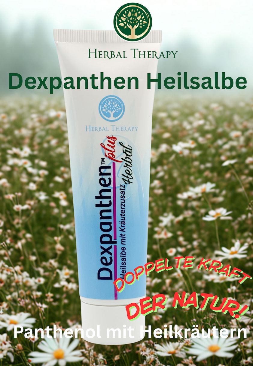Werbeplakat mit Herbal Therapy Dexpanthen Heilsalbe. Tube vor Blumenwiese. Text: Doppelte Kraft der Natur, Panthenol mit Heilkräutern.