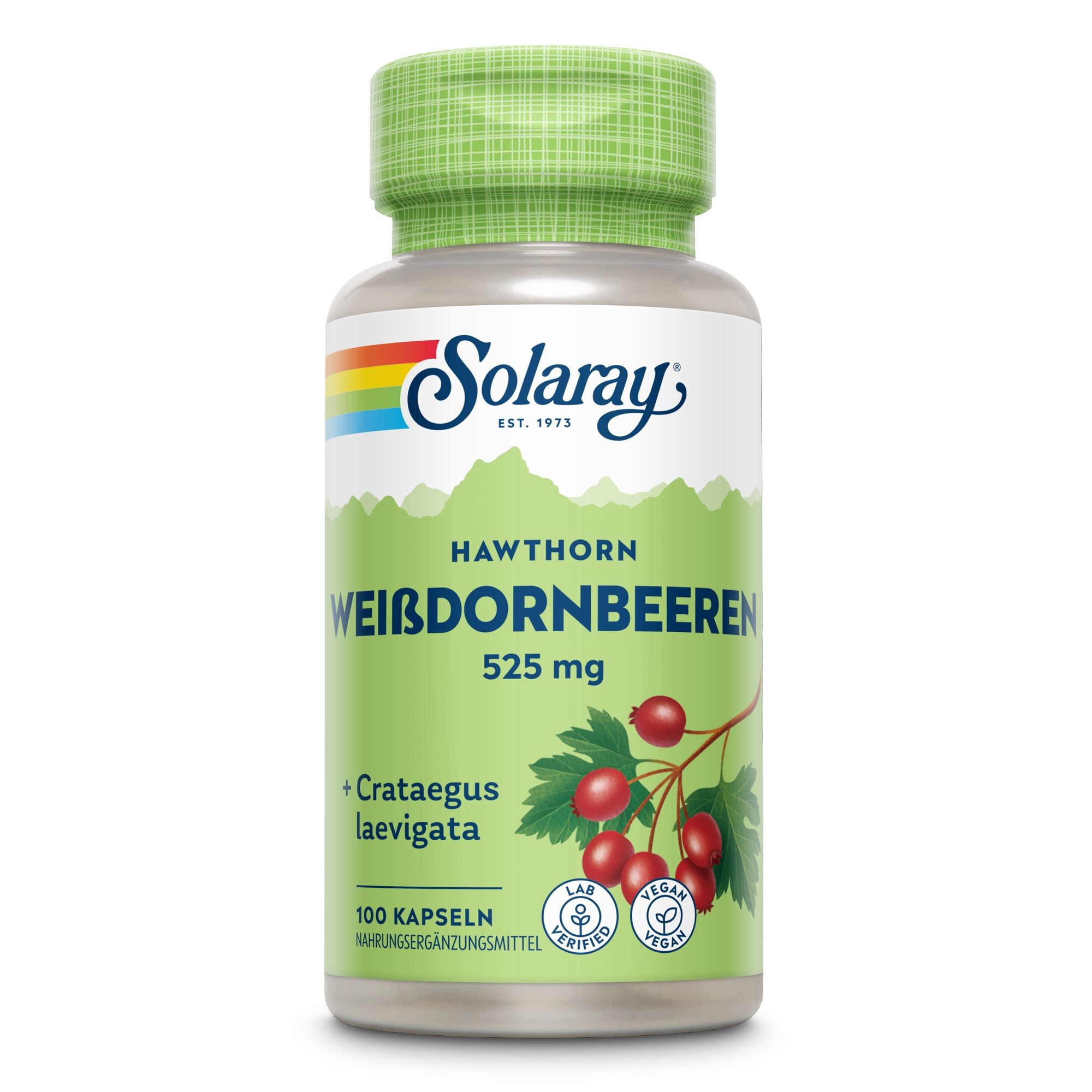 Grüne Flasche Solaray Weißdornbeeren. Aufschrift: 525 mg, 100 Kapseln. Abbildung von Weißdornbeeren. Vegan-Siegel.
