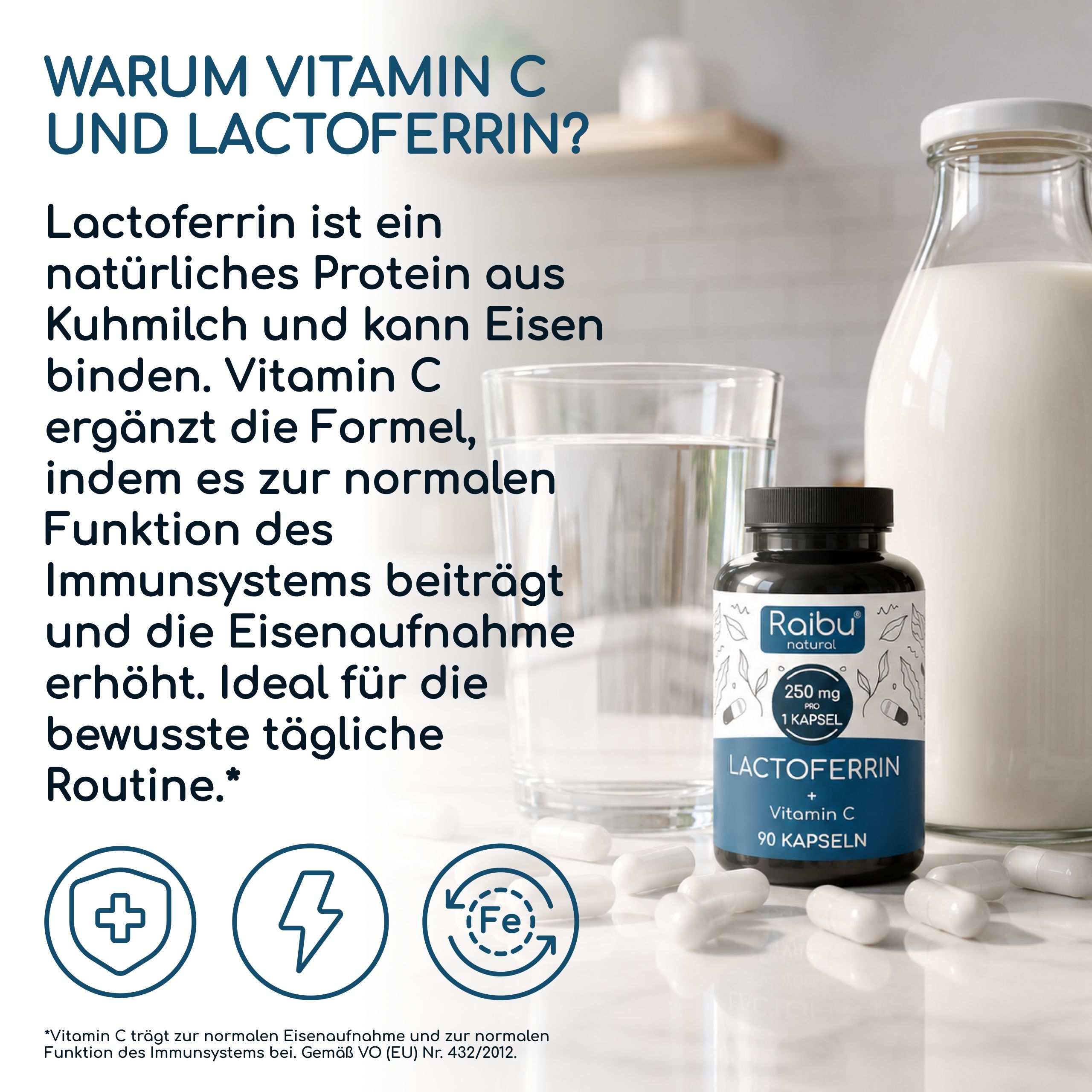 Lactoferrin 250 mg hochdosiert - mit Vitamin C - für Eisenaufnahme & Immunsystem - RAIBU
