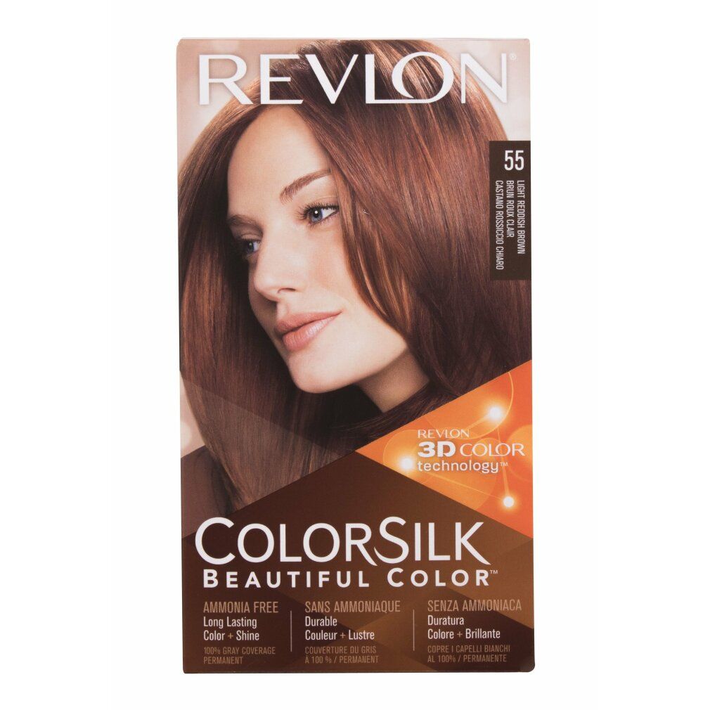 Revlon Colorsilk Haarfarbe, Farbton 55 Light Reddish Brown. Verpackung mit Frau, die das Ergebnis zeigt. Ohne Ammoniak.