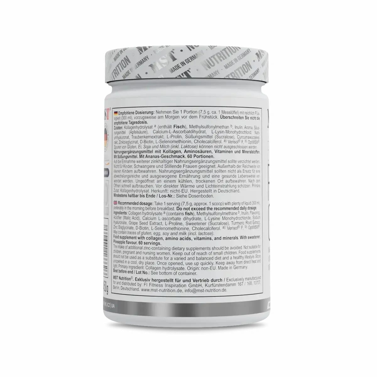 Weißes Supplement-Behälter mit Etikett. Enthält Informationen zu Inhaltsstoffen und Dosierung. Hergestellt in Deutschland.