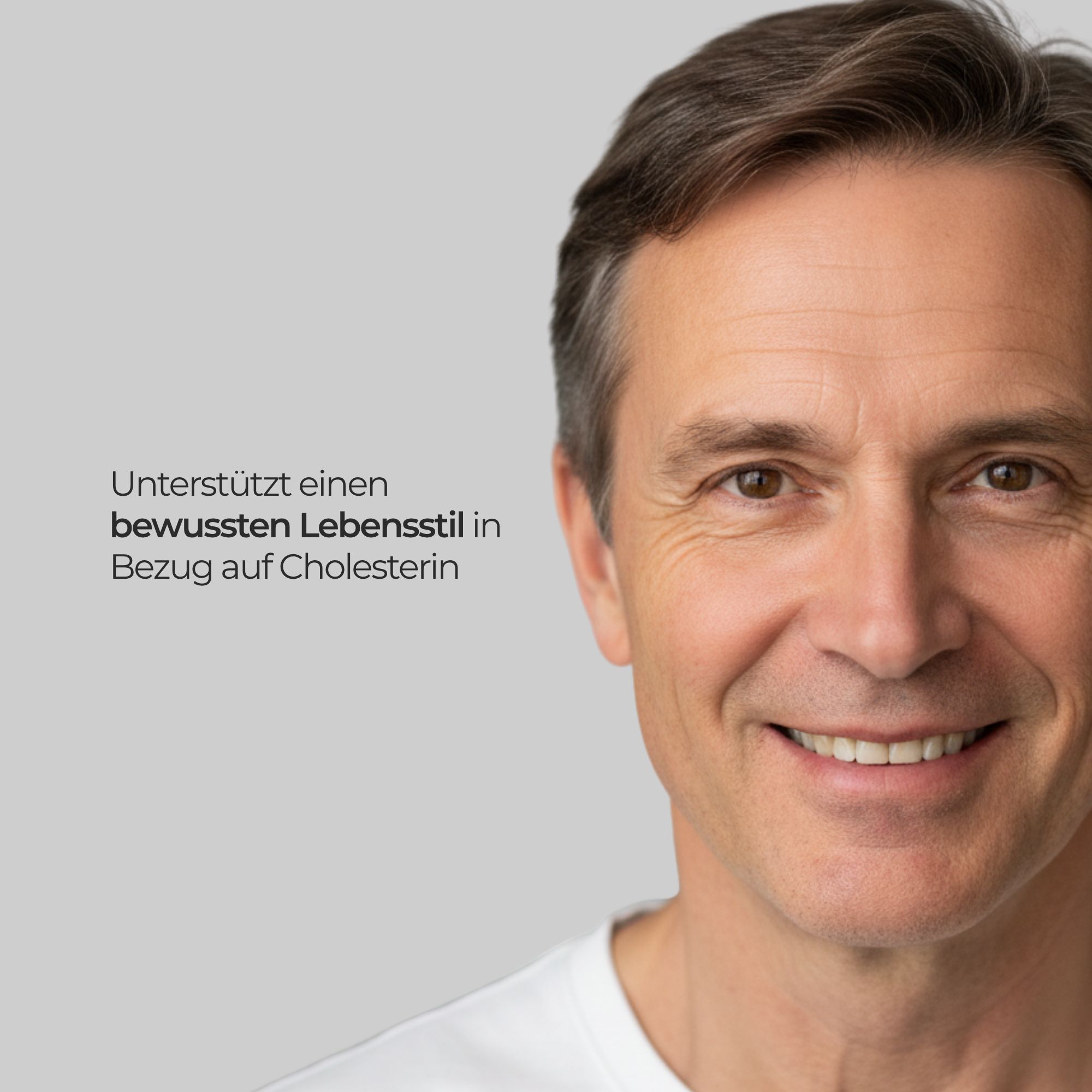 Porträt eines lächelnden Mannes. Text: Unterstützt einen bewussten Lebensstil in Bezug auf Cholesterin.