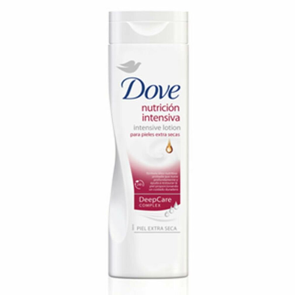Weiße Flasche mit Dove-Logo und Text. Aufschrift: Nutrición Intensiva, intensive lotion. Für extra trockene Haut.