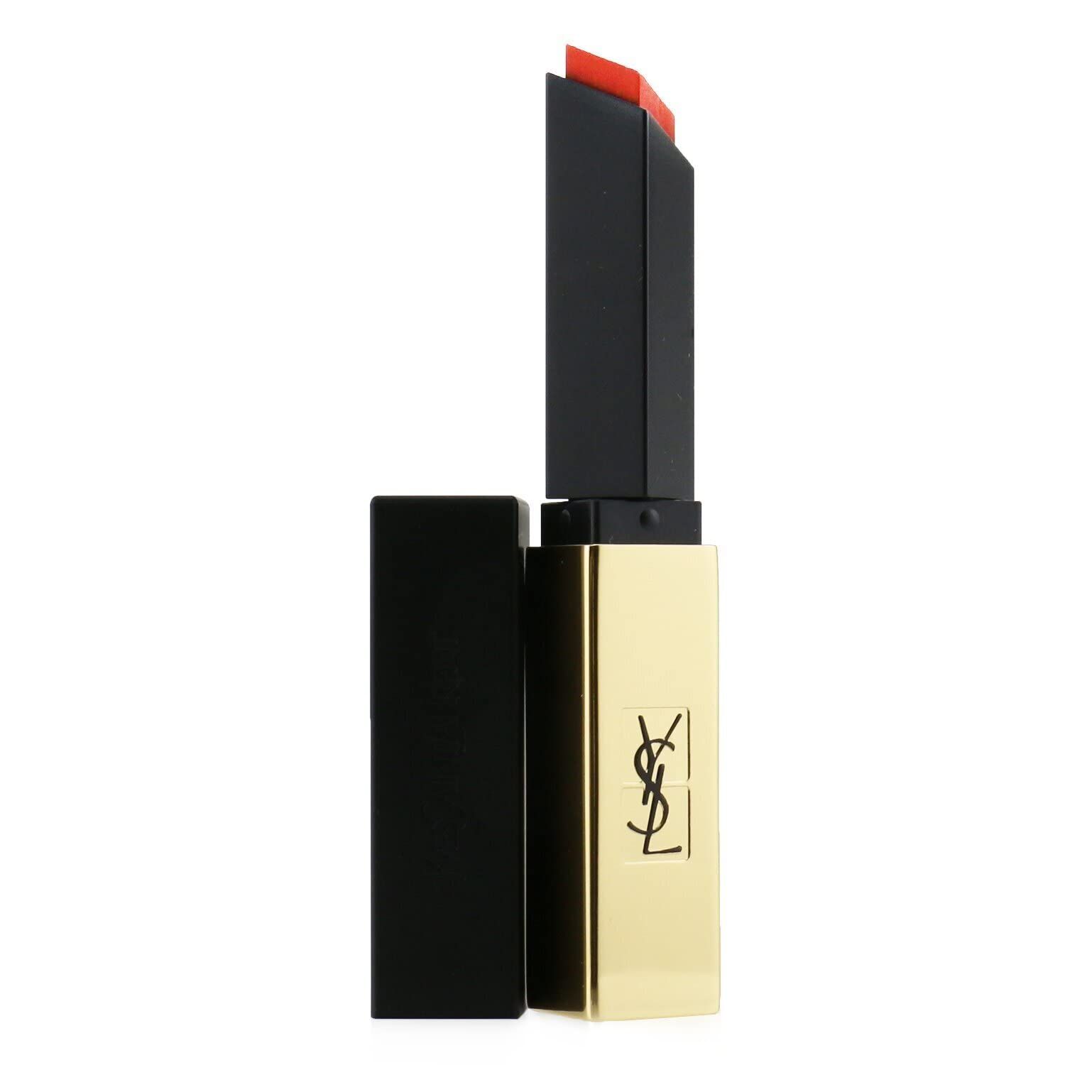 Goldener Lippenstift mit schwarzem Deckel und roter Mine. Schwarzer Deckel daneben.
