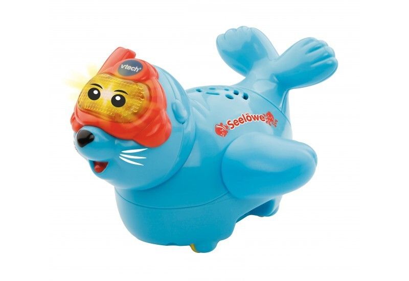 Blauer Seehund mit roter Taucherbrille. Aufschrift "Seelöwe". Marke VTech. Spielzeug für Babys.