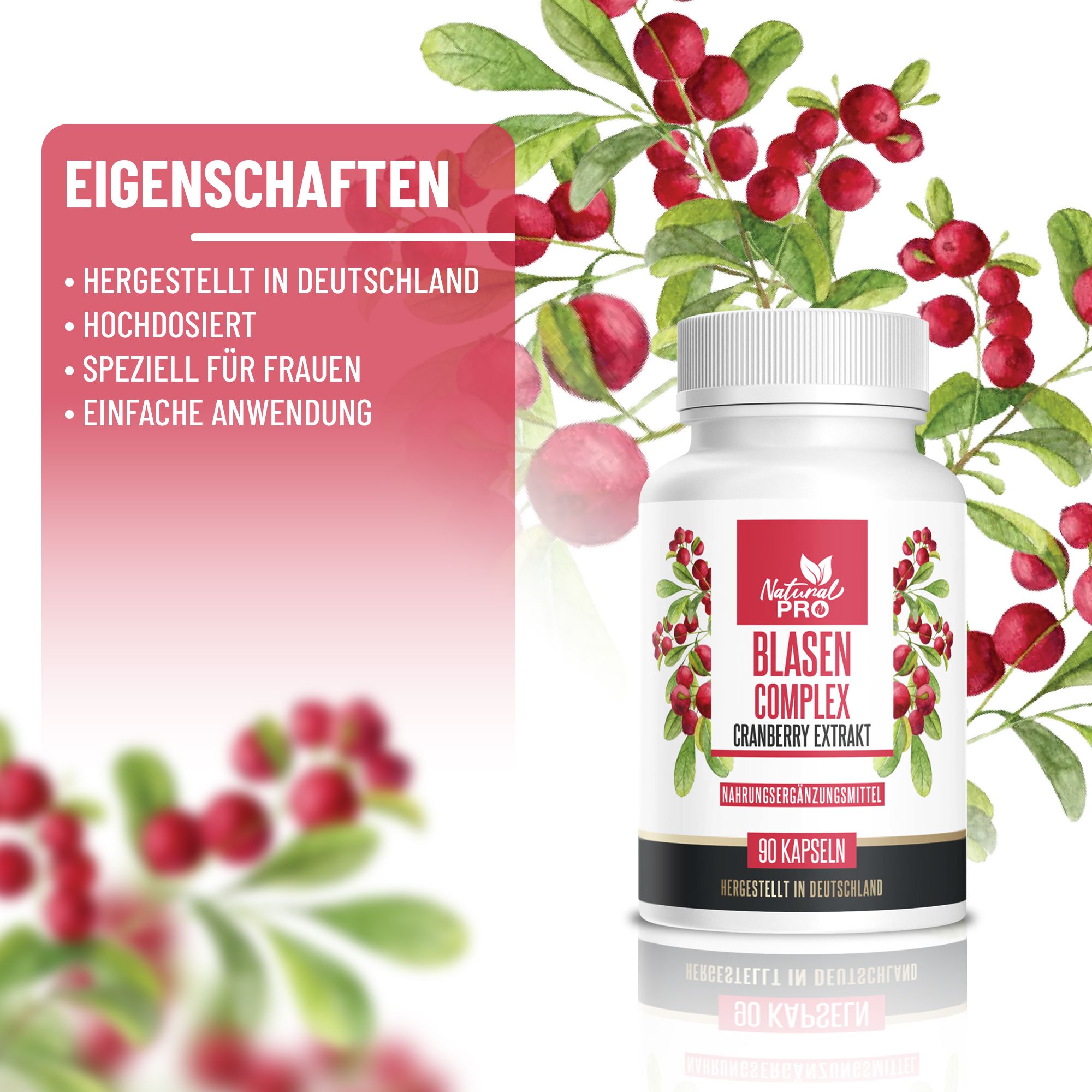 Eigenschaften: Hergestellt in Deutschland, hochdosiert, speziell für Frauen, einfache Anwendung. Flasche Natural Pro Blasen Complex.