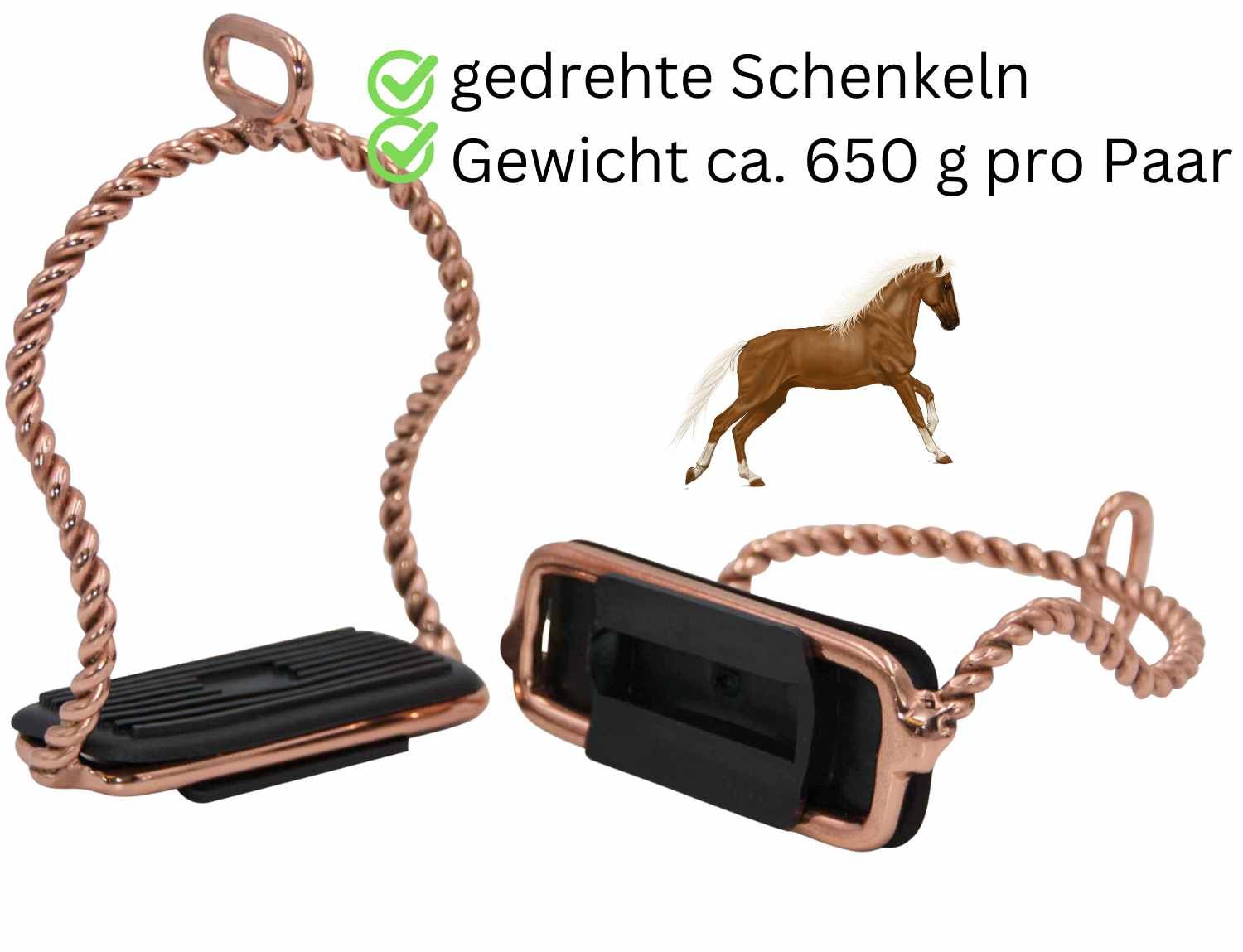 Steigbügel mit gedrehten Schenkeln und schwarzen Trittflächen. Gewicht ca. 650 g pro Paar. Ein Steigbügel liegt.