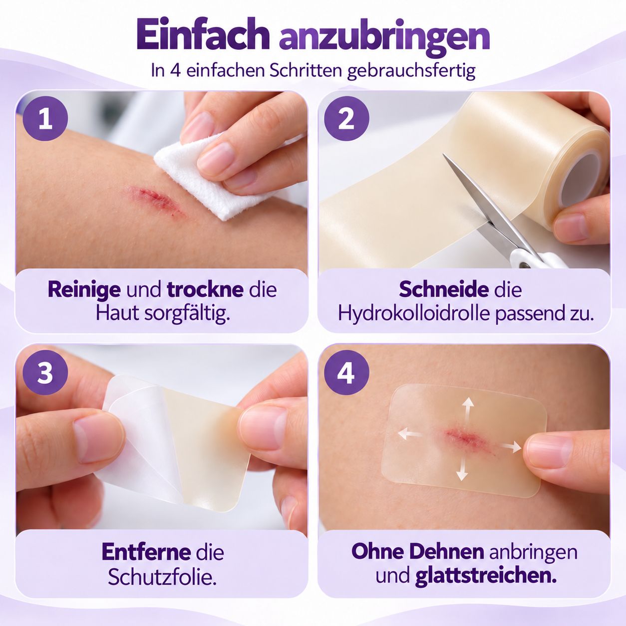 Anwendung: Haut reinigen, Rolle schneiden, Schutzfolie entfernen, anbringen.