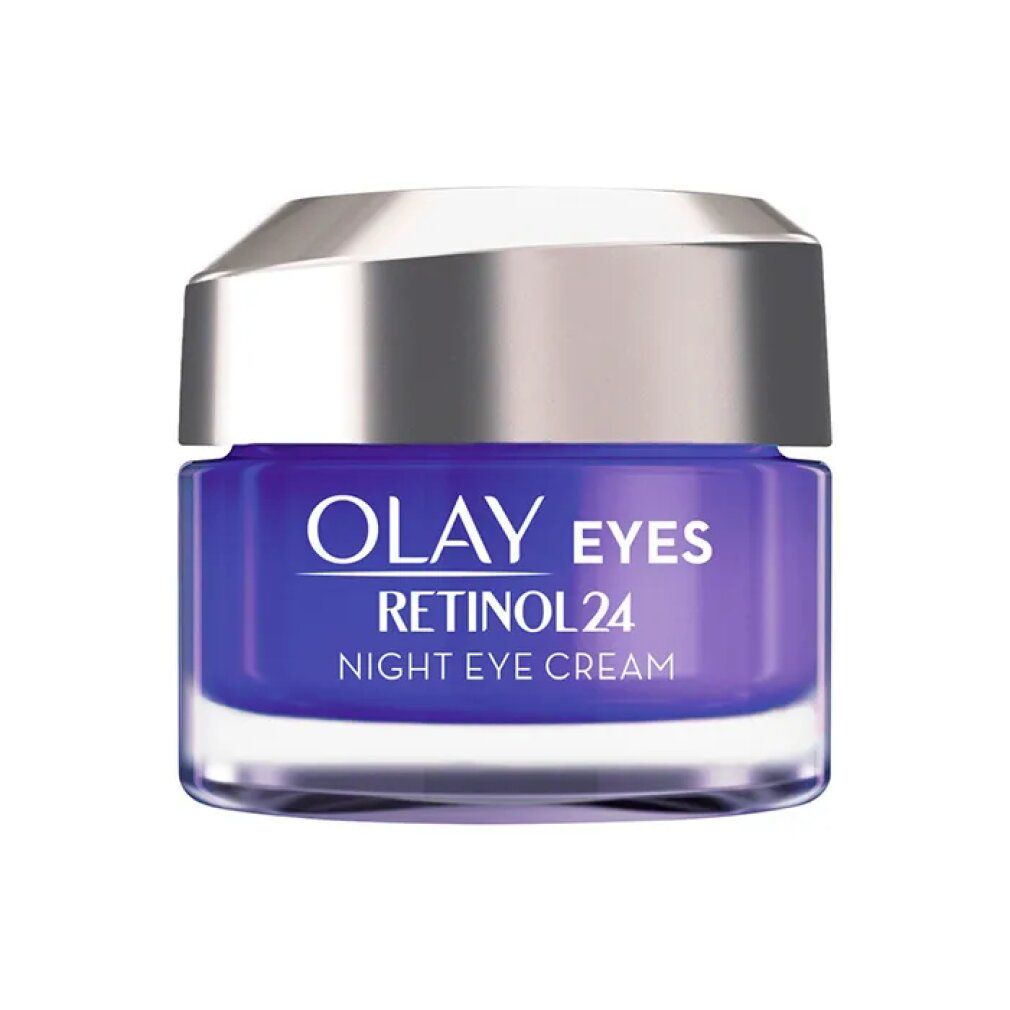 Olay Eyes Retinol 24 Nacht Augencreme. Blaue Creme in einem Glasbehälter mit silbernem Deckel. Produktansicht.