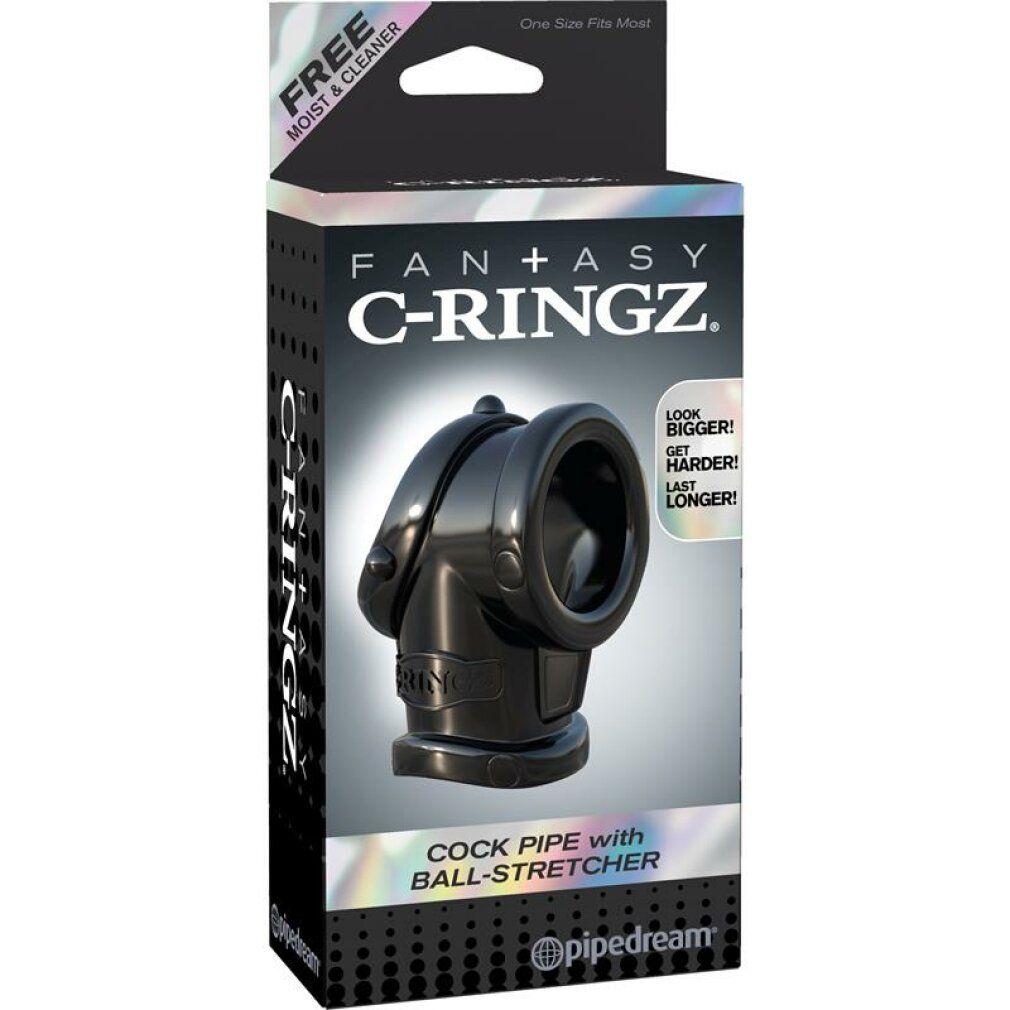 Verpackung für C-Ringz. Schwarze Box mit Produktabbildung. Text: 'Cock Pipe with Ball-Stretcher' und 'Pipedream'.