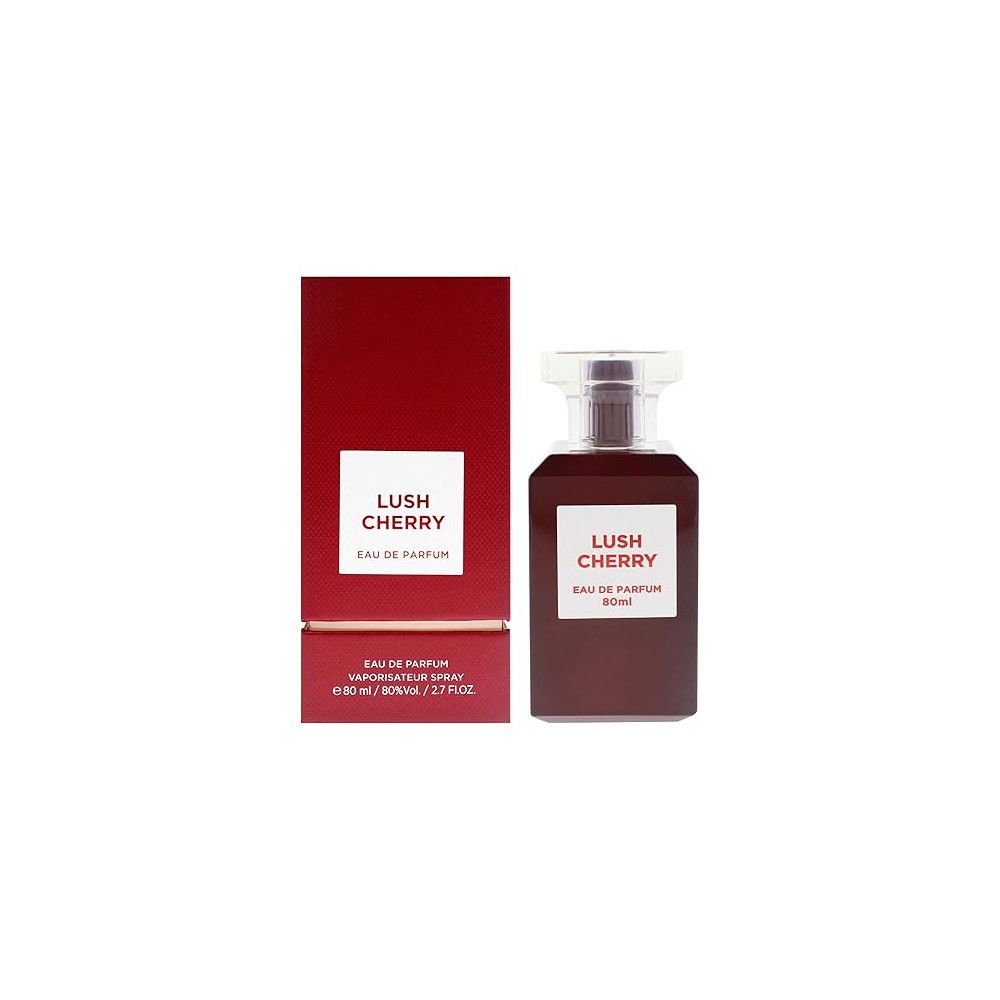 Rote Verpackung und Flakon. Aufschrift: Lush Cherry Eau de Parfum. Flakon mit silbernem Verschluss. 90ml.