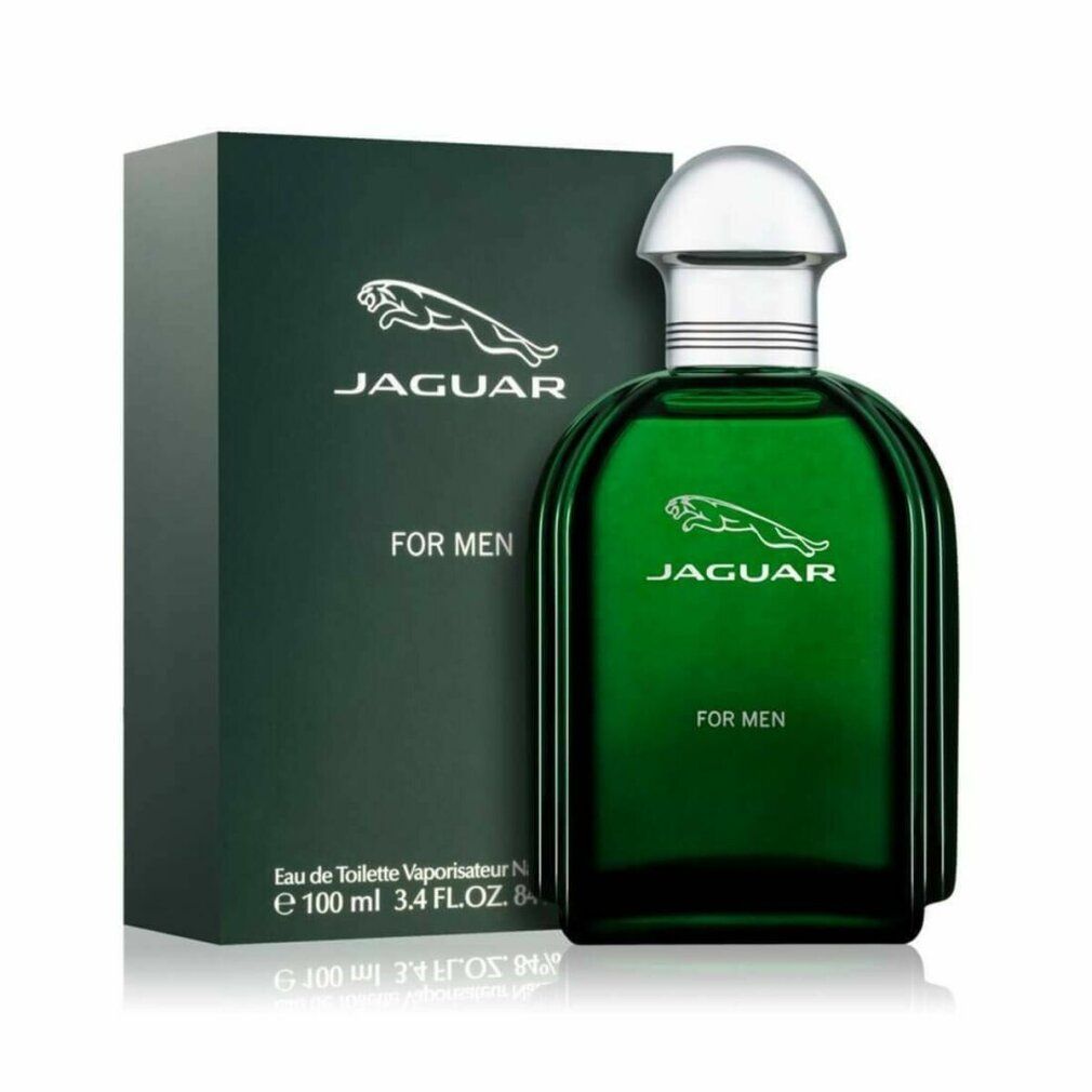 Grüne Flasche und Schachtel. Aufschrift: Jaguar For Men. Logo: springender Jaguar. Flasche mit silbernem Deckel.