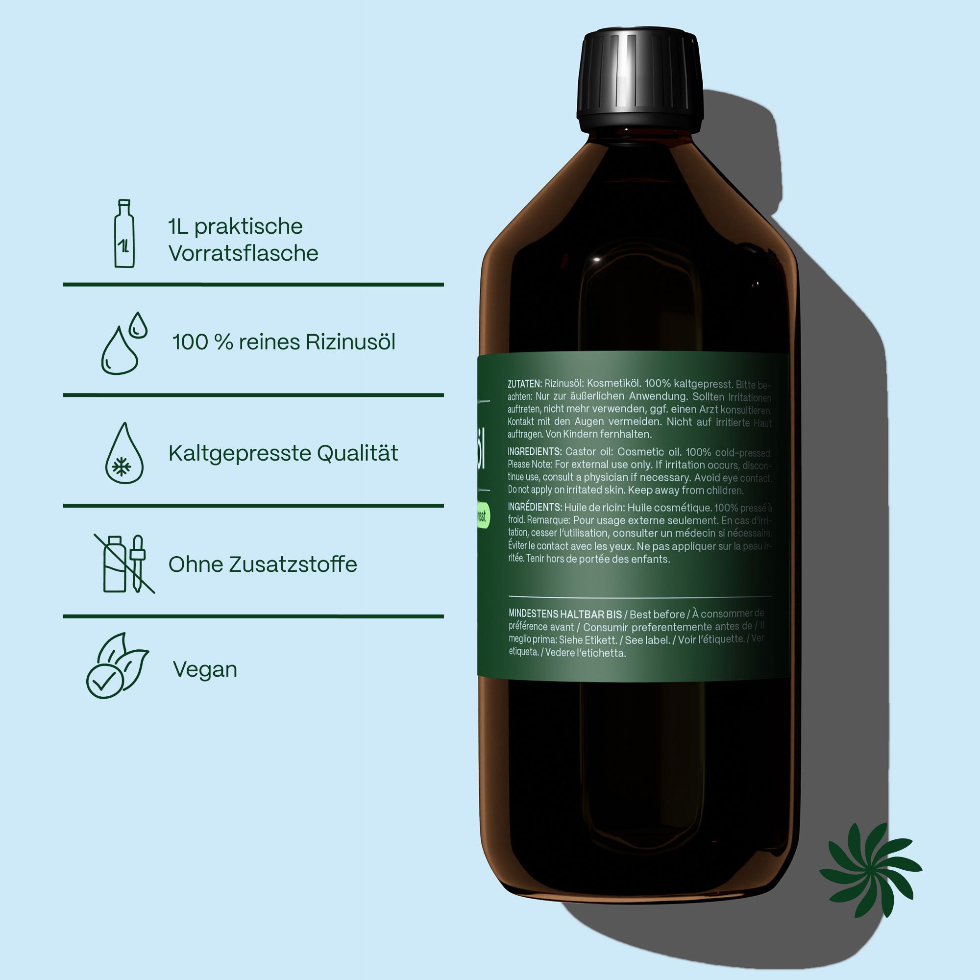 Große Flasche Rizinusöl, 1L Vorratsflasche, kaltgepresst, vegan.