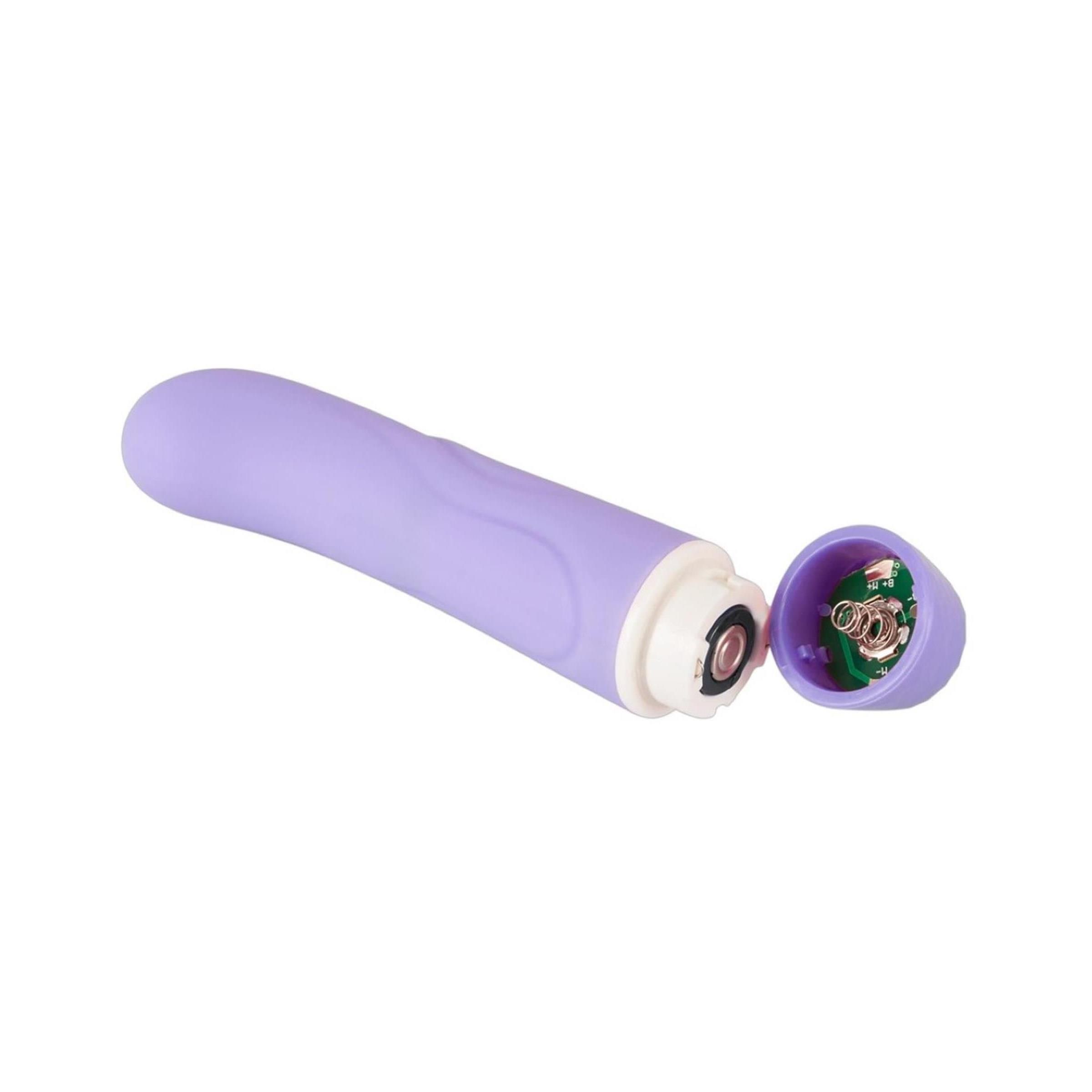 Lila Mini G-Punkt Vibrator mit geöffnetem Batteriefach.