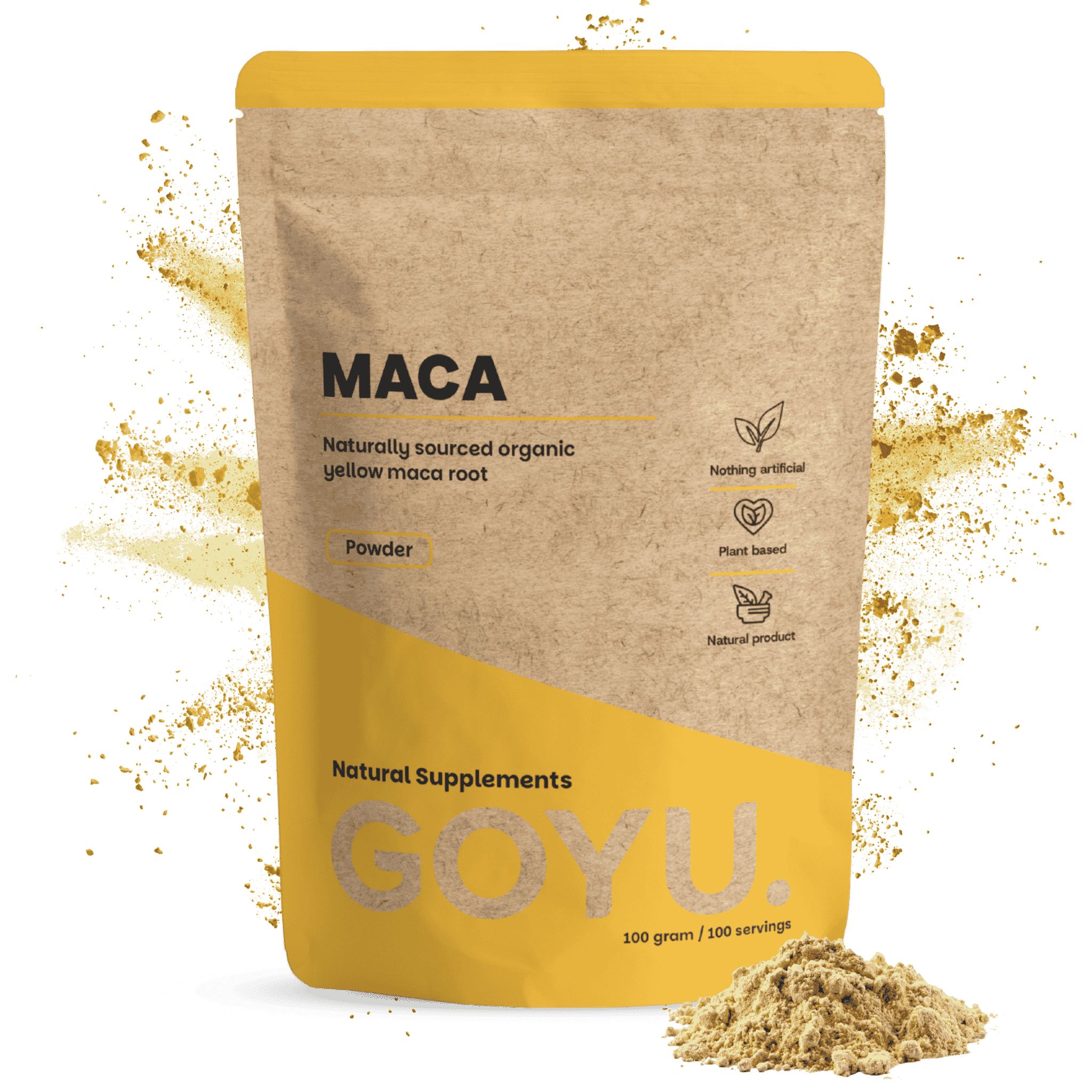 Braune Papiertüte mit gelbem Design, die Maca-Pulver enthält. Enthält 100g.