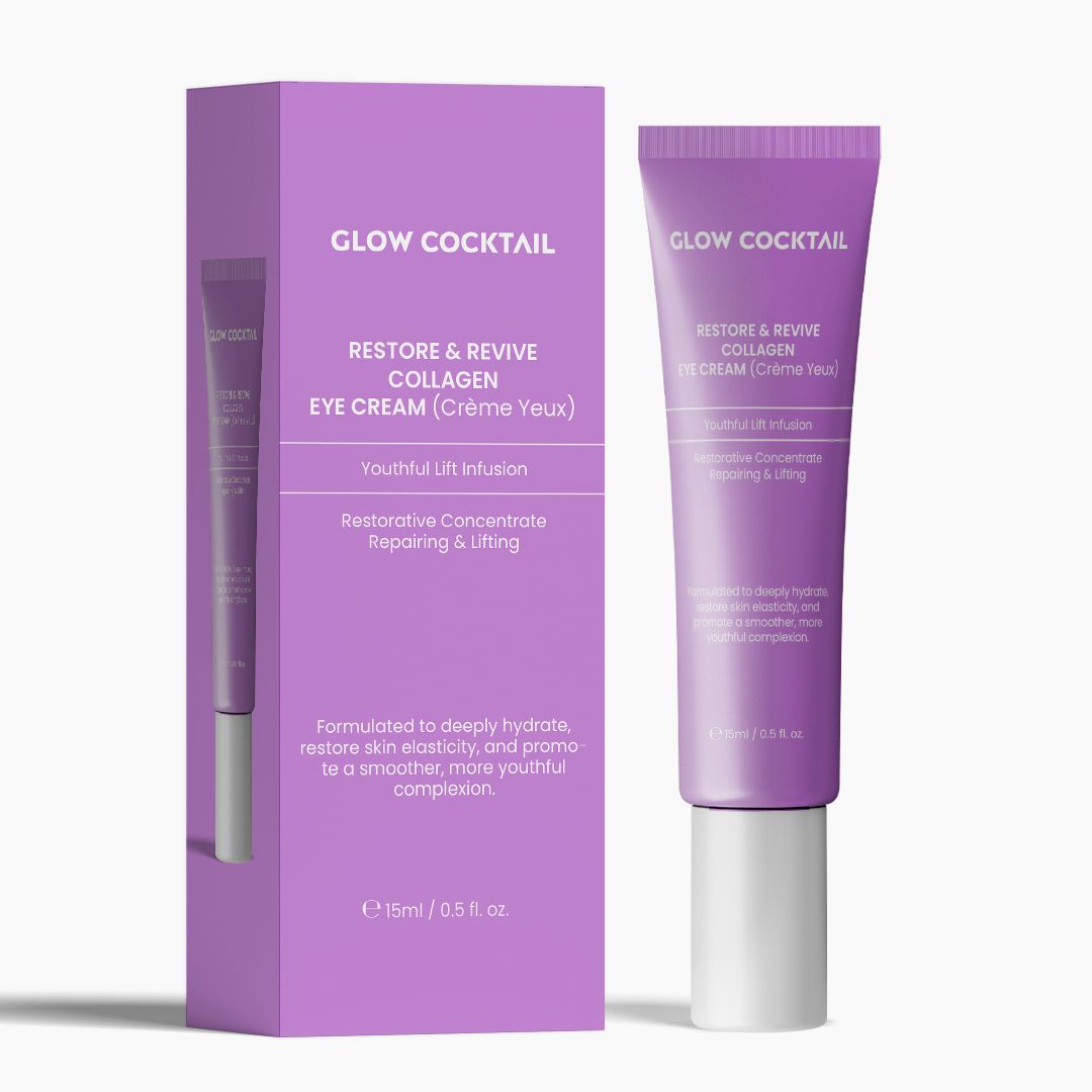 Lila Tube und Schachtel mit Augencreme. Aufschrift: Glow Cocktail, Collagen Eye Cream. Text: Restore & Revive.