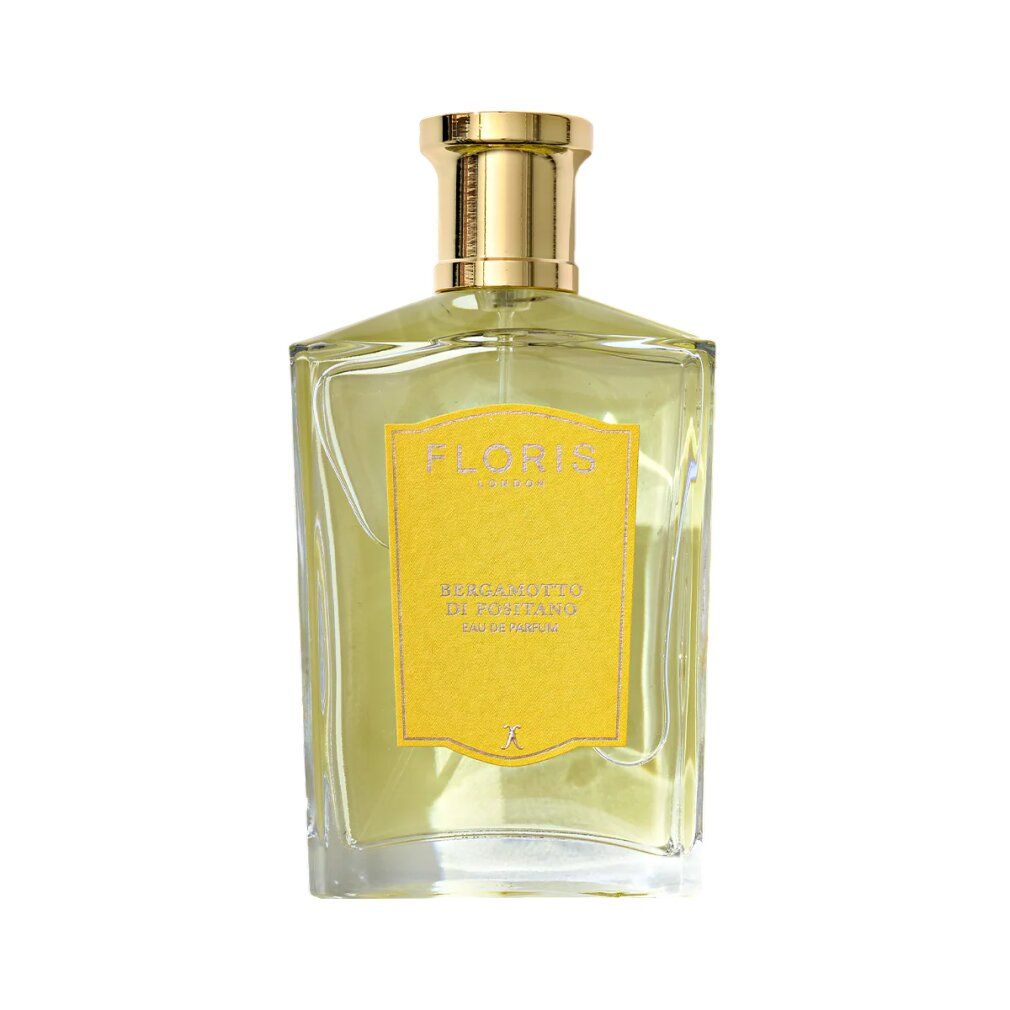 Flakon mit gelber Flüssigkeit und goldfarbenem Verschluss. Auf dem Etikett steht "FLORIS LONDON" und "Bergamotto di Positano".