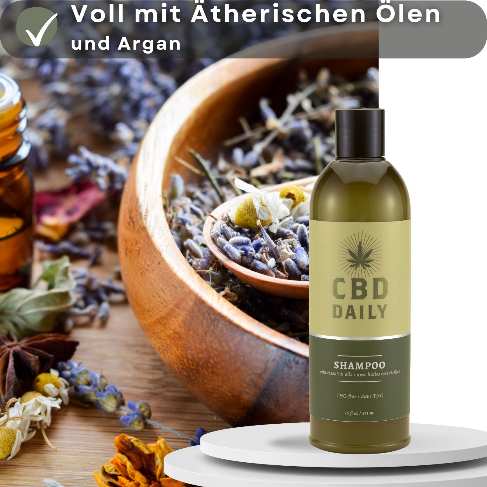 CBD-Shampoo-Flasche. Text: Voll mit ätherischen Ölen und Argan.