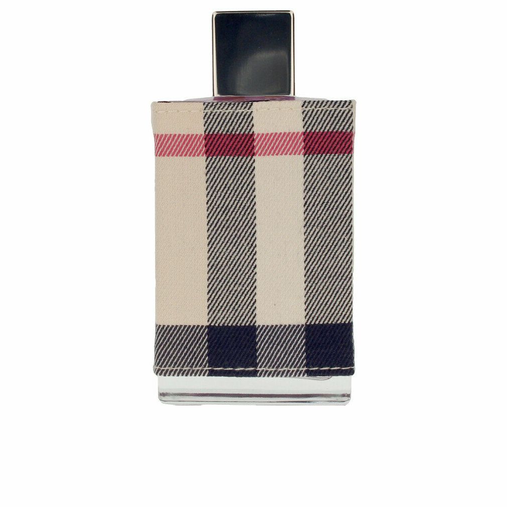 Burberry London Eau de Parfum für Damen. Rechteckiger Flakon mit Karomuster. Schwarzer Verschluss.