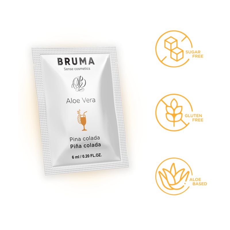 Weißes Beutel mit "Bruma Aloe Vera Pina Colada".  Zusätzlich Symbole für zuckerfrei, glutenfrei und Aloe-basiert.