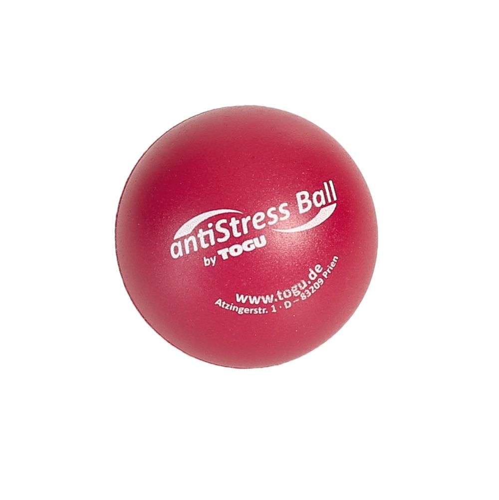 Roter Anti-Stress-Ball mit weißem Aufdruck. Text: antiStress Ball by TOGU, www.togu.de, Adresse.