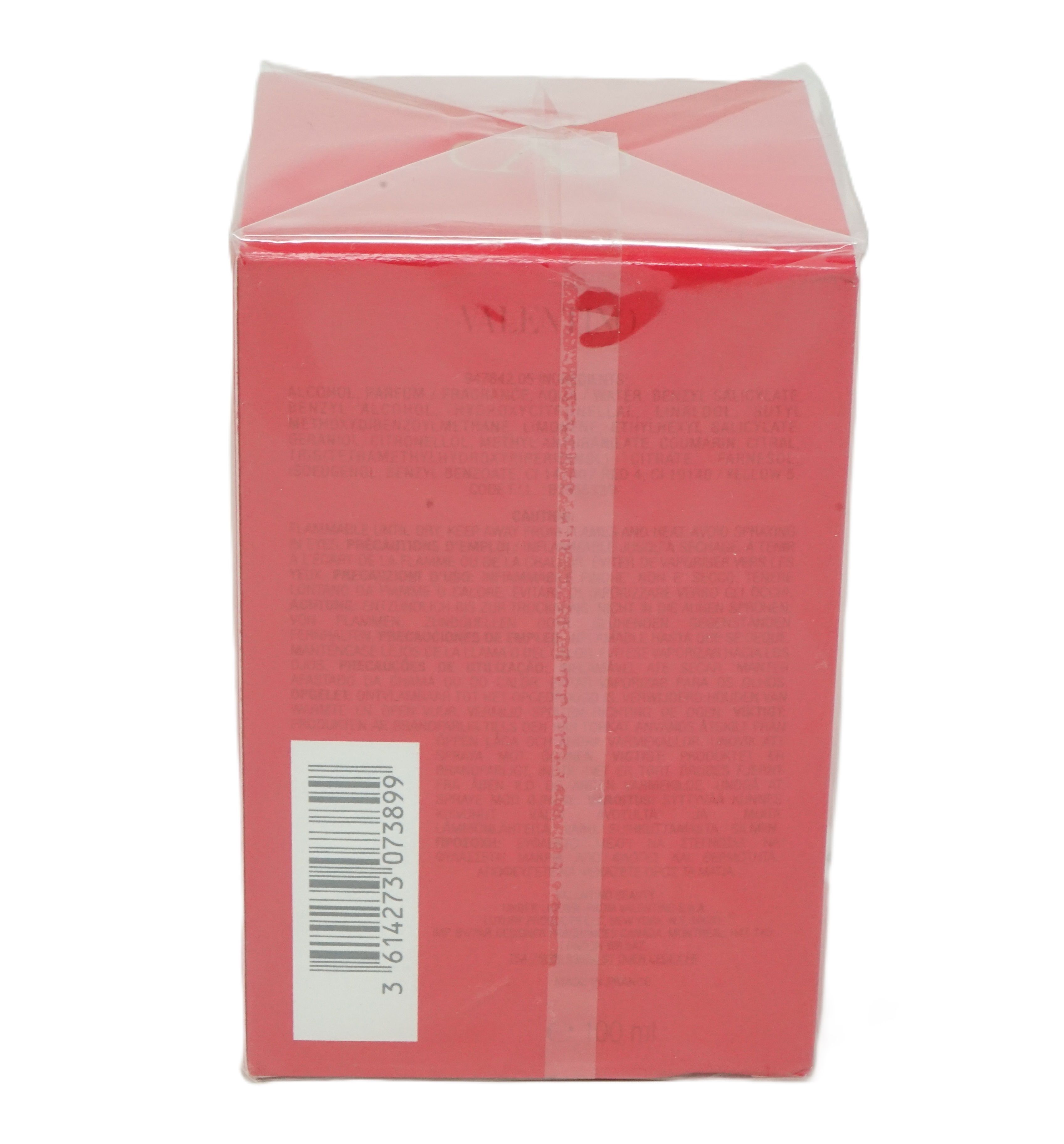 Rückseite einer roten rechteckigen Verpackung. Barcode und Text. Produktverpackung.
