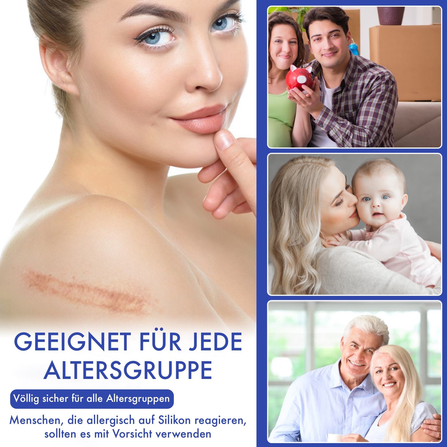 Frau mit Narbe. Bilder: Familie, Baby, Senioren. Text: Geeignet für jede Altersgruppe. Sicher für alle.