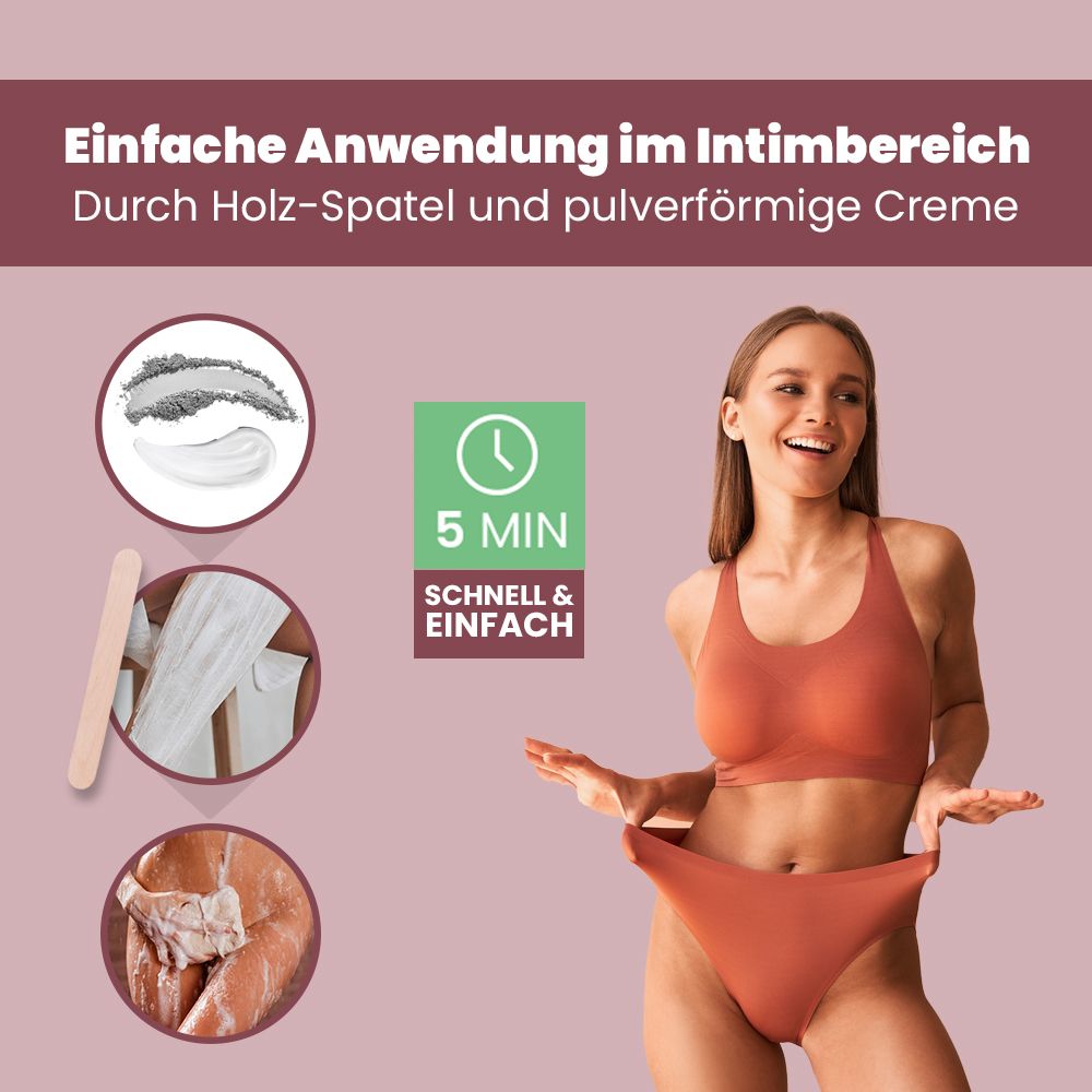 Frau mit Bikini. Anwendung im Intimbereich. Holz-Spatel und pulverförmige Creme. 5 Minuten. Schnell & einfach.