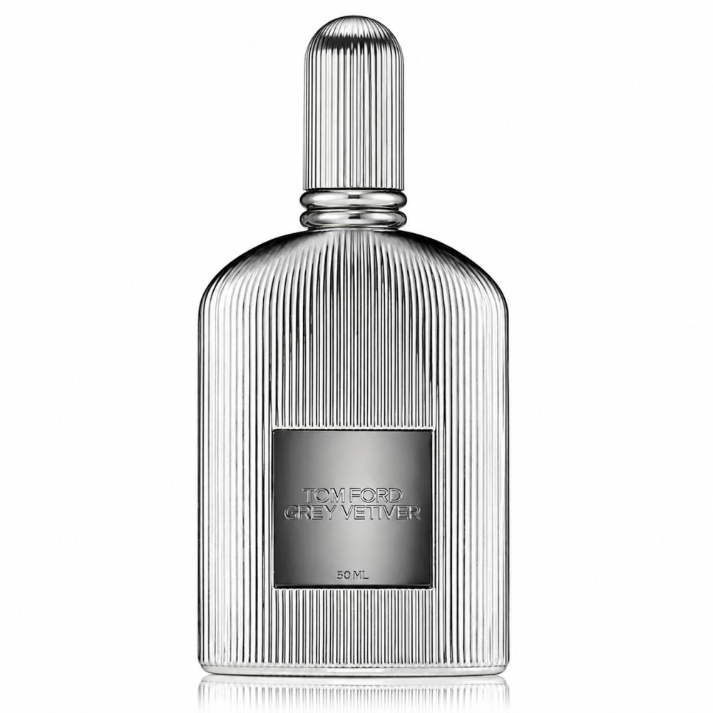 Tom Ford Grey Vetiver Eau de Parfum Flakon, silberfarben, geriffelt.