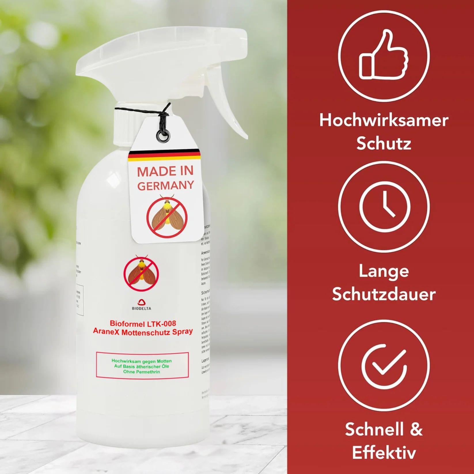 Weiße Sprühflasche mit Etikett „Made in Germany“. Text: Bioformel LTK-008 AraneX Mottenschutz Spray. Auf rotem Hintergrund: Hochwirksamer Schutz, lange Schutzdauer, schnell & effektiv.
