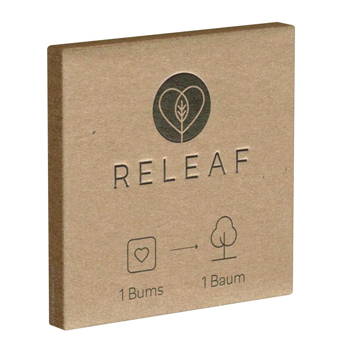 Kartonverpackung mit dem Wort RELEAF. Logo mit Herz und Blatt. Text: 1 Bums, 1 Baum. Braune Farbe.