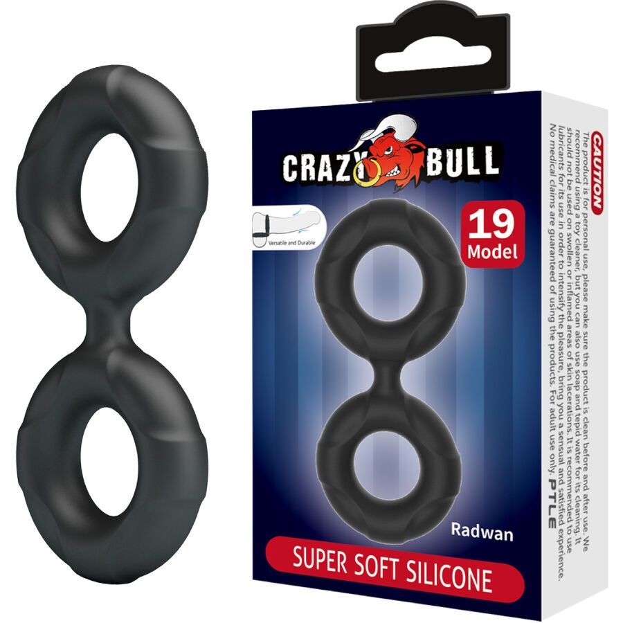 Verpackung mit schwarzem Doppel-Penisring. Aufdruck: Crazy Bull, Radwan, Super Soft Silicone, Modell 19. Warnhinweis.
