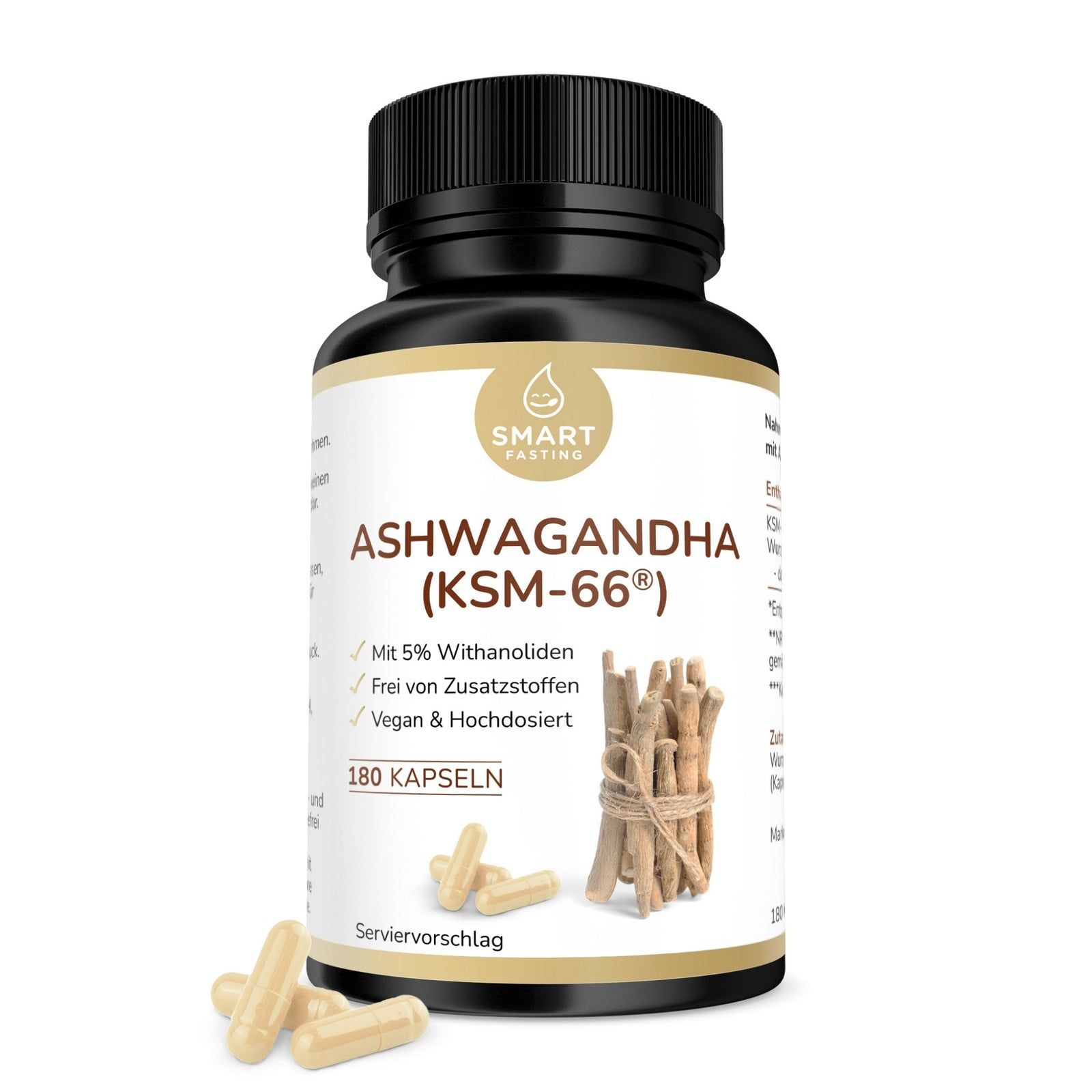 Braune Kapseln neben einer schwarzen Flasche mit Aufschrift Ashwagandha (KSM-66®). Vegan und hochdosiert. 180 Kapseln.