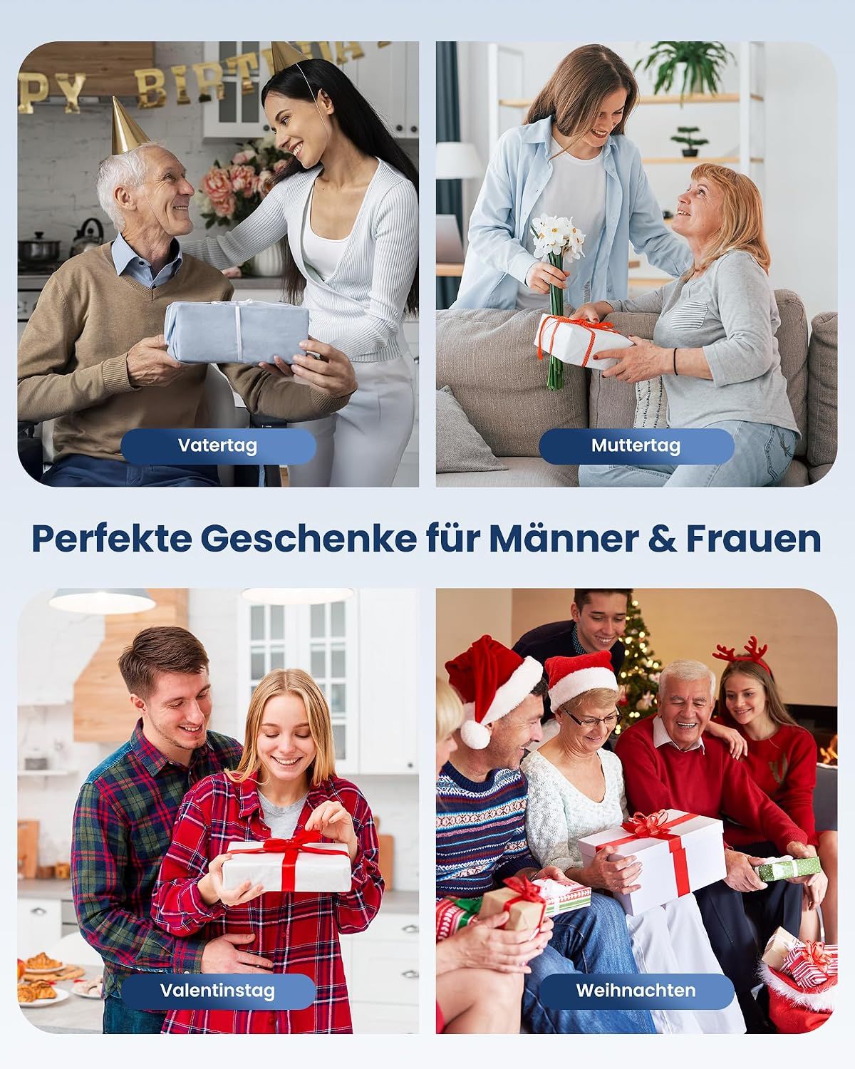 Vier Szenen von Geschenkübergaben zu verschiedenen Anlässen.