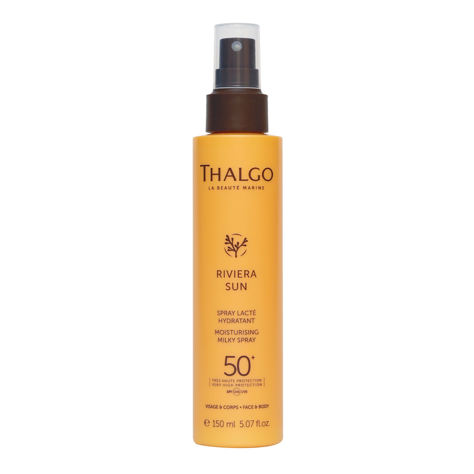 THALGO Sonnenschutz-Spray LSF 50+. Gelbe Flasche mit Sprühkopf. Text: Riviera Sun, Spray Lacté Hydratant, 50, 150 ml.