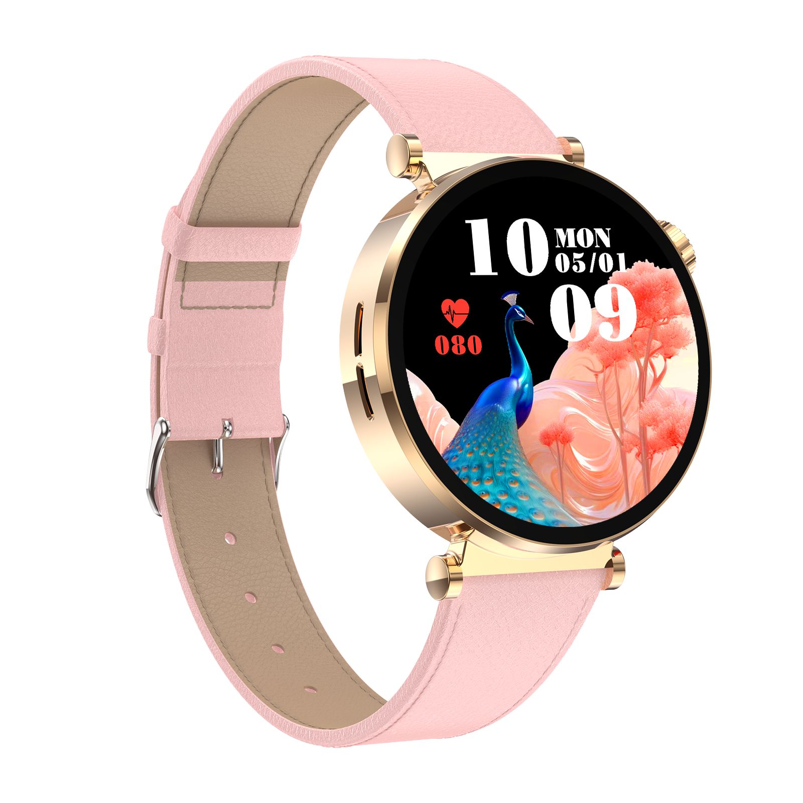 Runde Smartwatch mit rosa Lederarmband. Zifferblatt mit Pfau und Uhrzeit. Goldfarbenes Gehäuse.