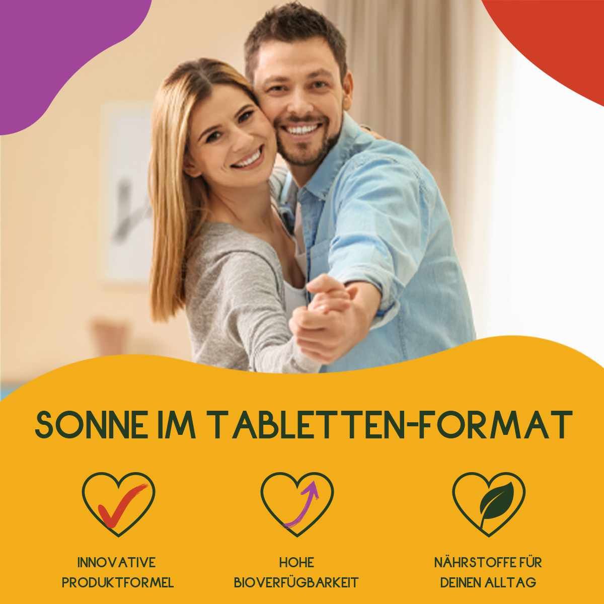 Paar tanzt. Text: Sonne im Tabletten-Format. Logos: Innovative Produktformel, hohe Bioverfügbarkeit, Nährstoffe für den Alltag.