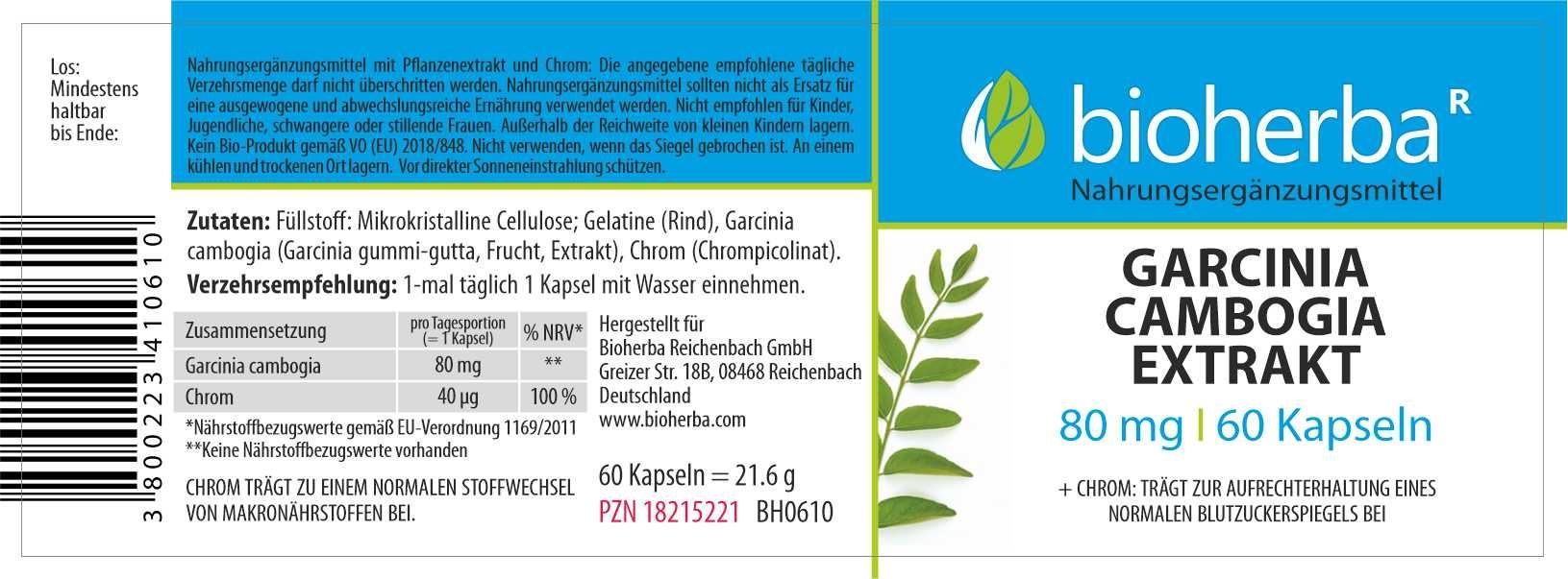 Etikett mit Produktinformationen. Text: Bioherba, Garcinia Cambogia Extrakt, 80 mg, 60 Kapseln. Zutatenliste und Nährwertangaben.