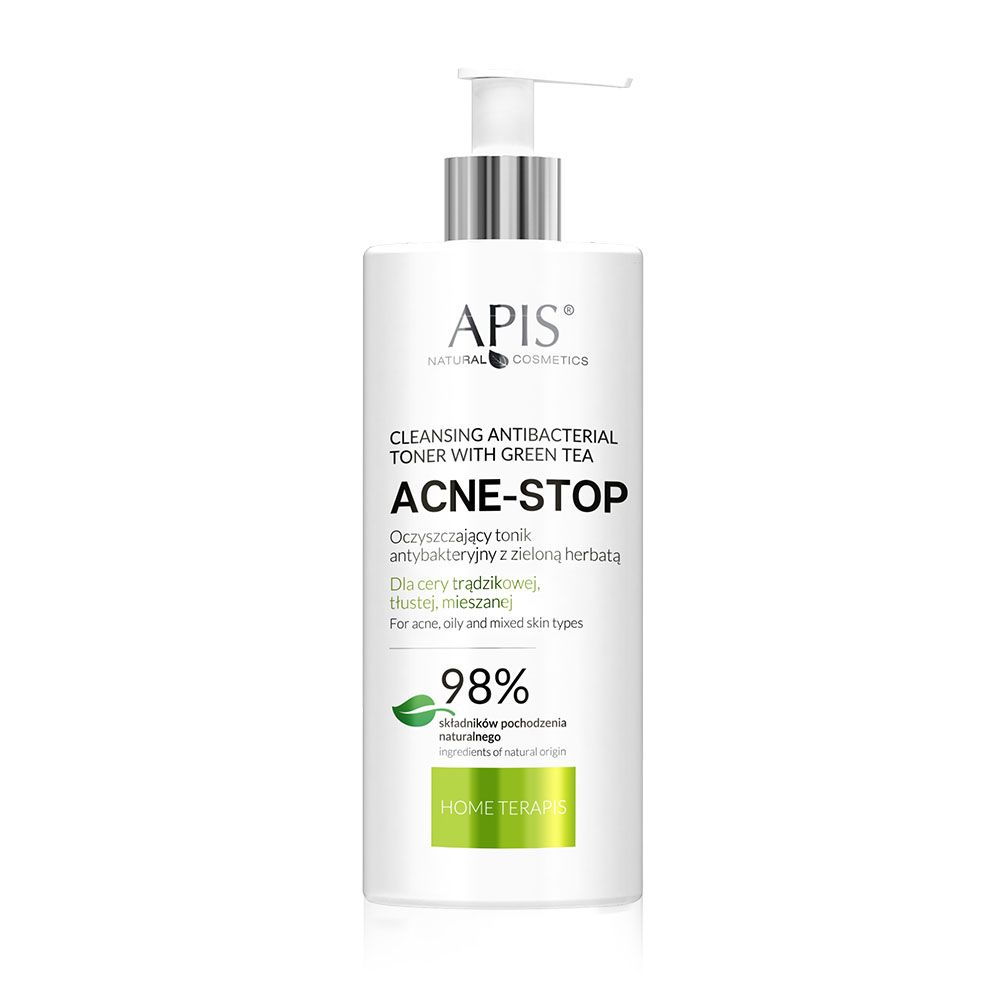 Weiße Flasche mit APIS ACNE-STOP Gesichtswasser. Silberner Pumpkopf. Text: "Cleansing Antibacterial Toner with Green Tea".