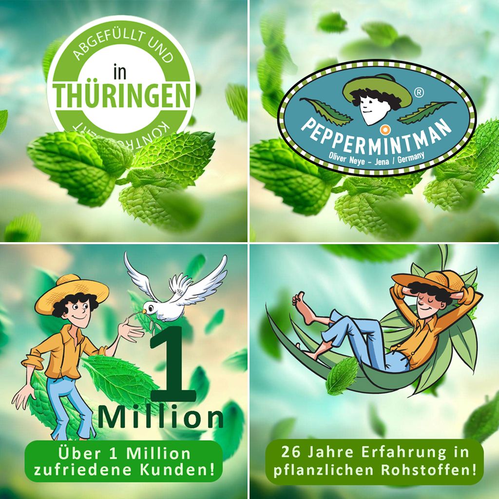 Vier quadratische Bilder. Logo PEPPERMINTMAN, Blätter, Siegel 'Abgefüllt und in Thüringen'. Text: 'Über 1 Million zufriedene Kunden!' und '26 Jahre Erfahrung'.