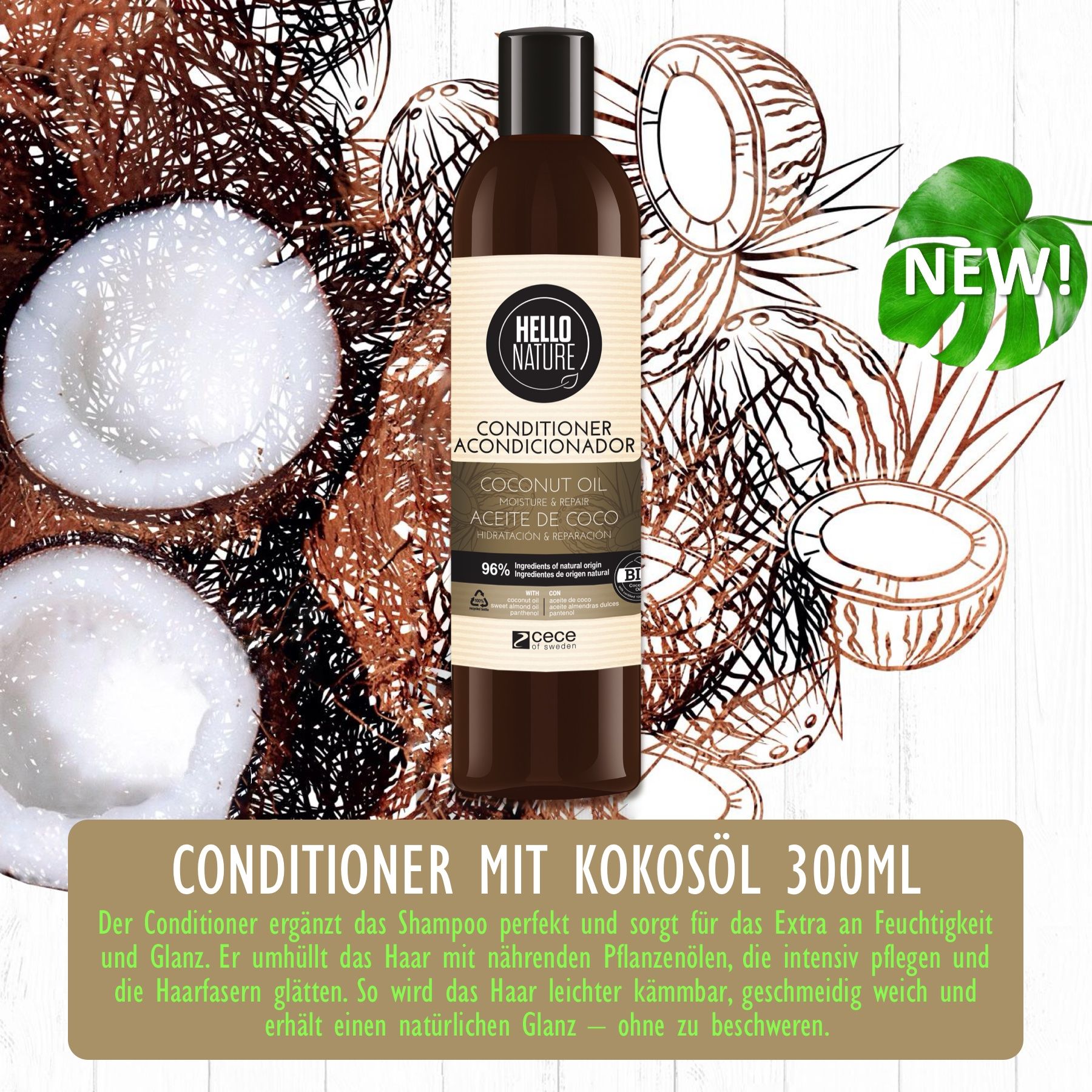 Conditioner mit Kokosöl. Braune Flasche mit schwarzem Deckel. Text: Conditioner mit Kokosöl. 96% Inhaltsstoffe natürlichen Ursprungs. Bio-Siegel.