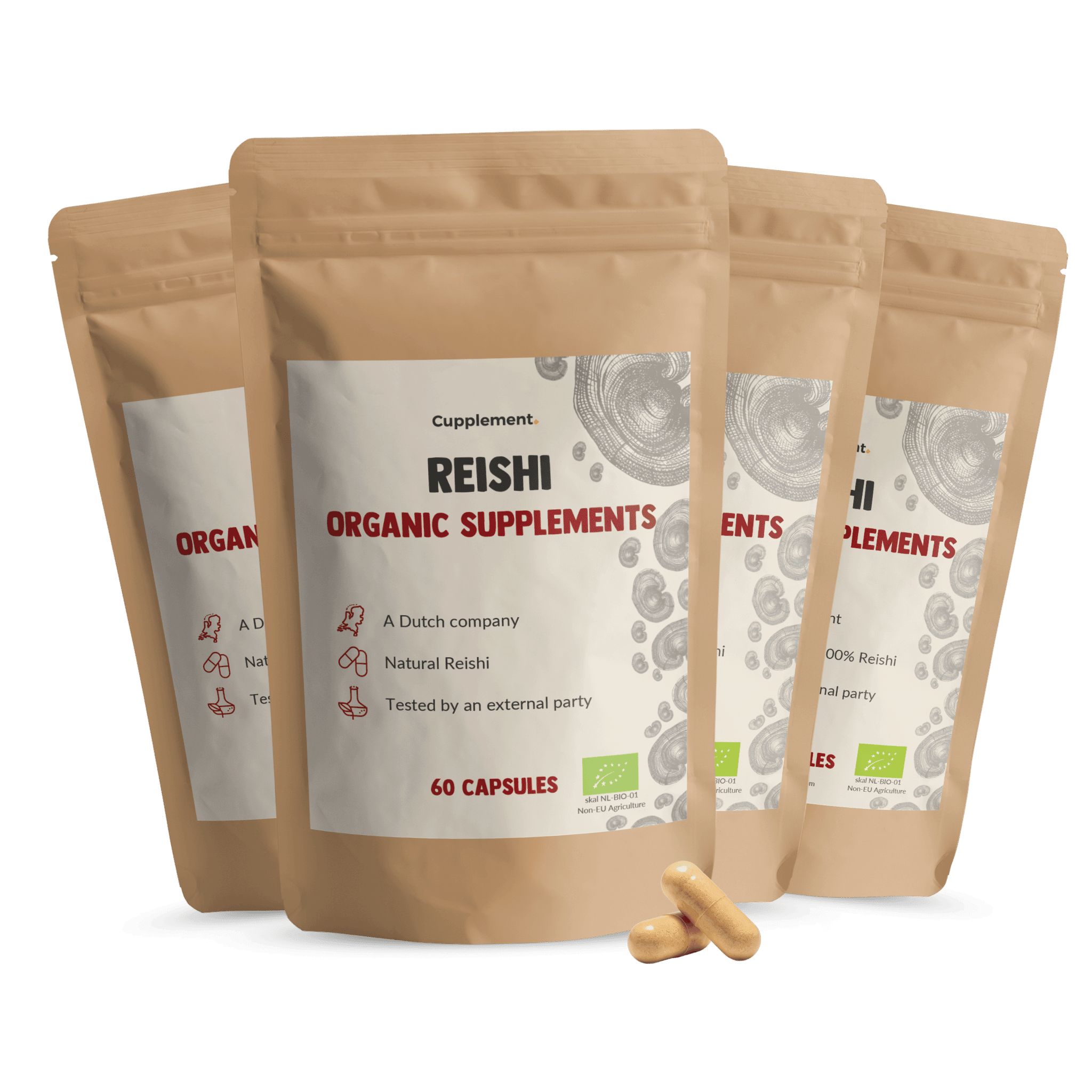 Mehrere Beutel mit Cupplement® Reishi Kapseln. Aufschrift: Reishi Organic Supplements, 60 Kapseln. Braune Kapseln liegen daneben.
