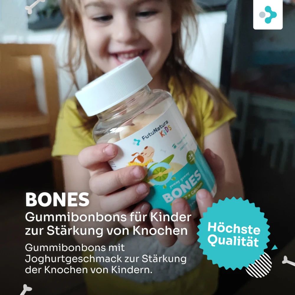 Kind hält Flasche mit Produkt. Text: BONES, Gummibärchen für Knochen. Höchste Qualität.