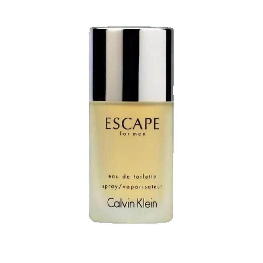 Flakon von Calvin Klein Escape for men. Zylindrische Form, silberner Deckel. Produktname und Marke auf dem Flakon.