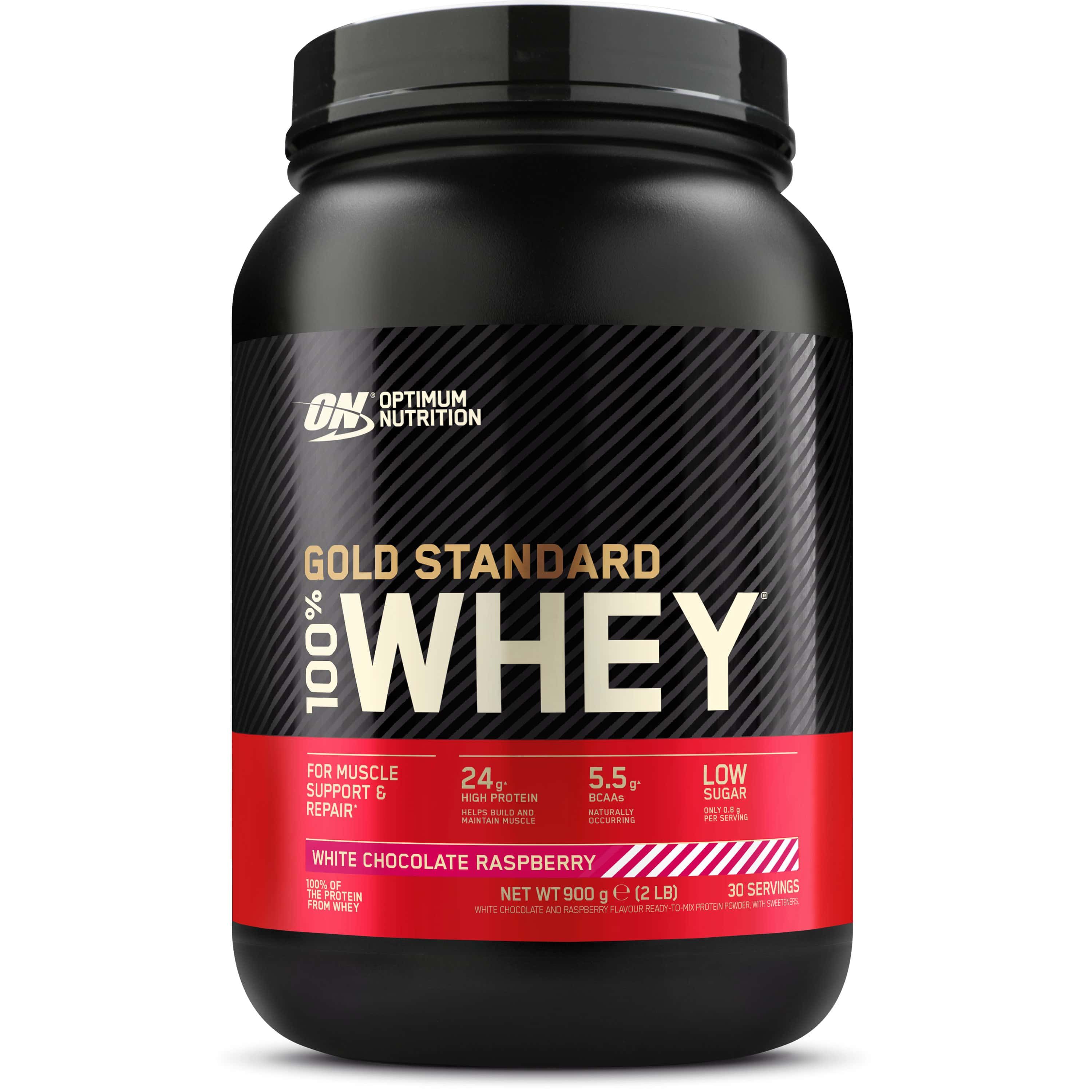 Schwarze Dose Gold Standard Whey. Roter Streifen mit Text. Optimum Nutrition Logo. "White Chocolate Raspberry" Text. 900g Inhalt.