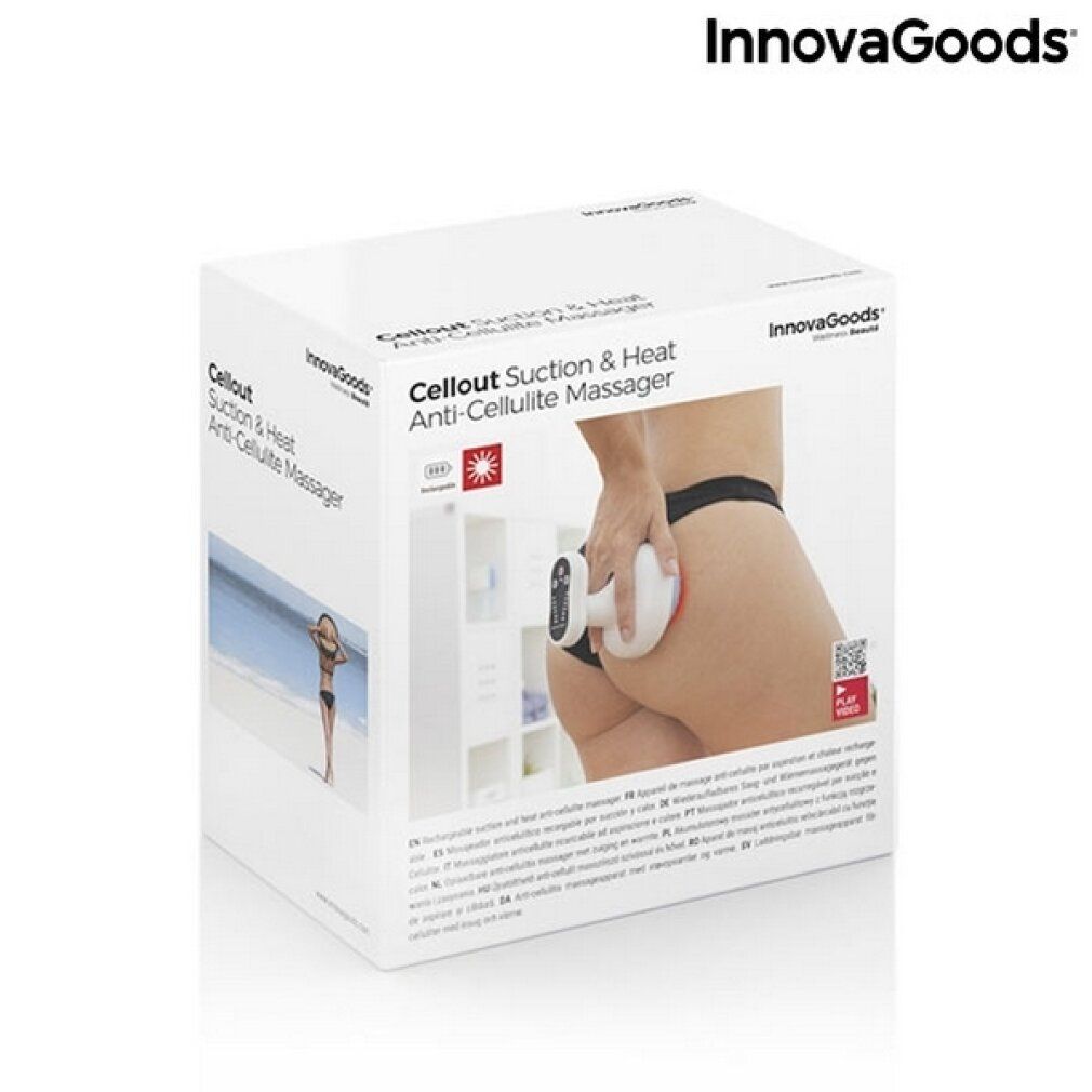 Weiße Produktverpackung mit Produktabbildung. Text: Cellout Anti-Cellulite Massagegerät. Marke InnovaGoods. QR-Code.