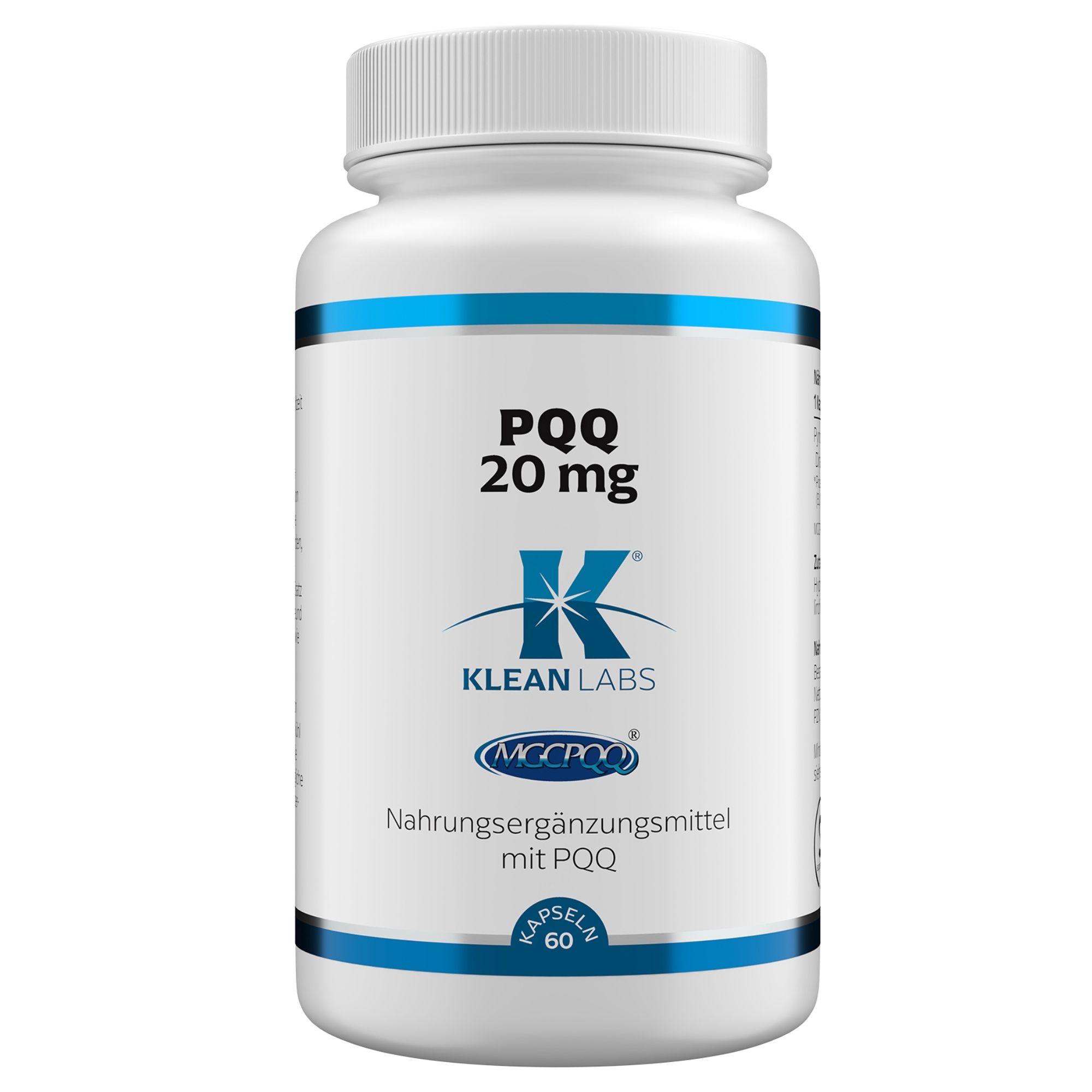 Weiße Flasche mit blauem Streifen. Aufschrift: PQQ 20 mg, Klean Labs. Nahrungsergänzungsmittel mit PQQ. Enthält 60 Kapseln.
