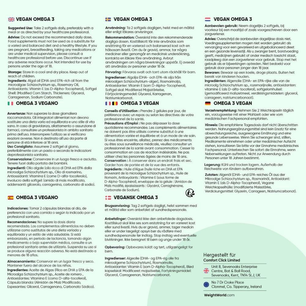 Rückseite der Flasche. Mehrsprachige Informationen. Omega 3 Vegan. Hersteller: Comfort Click Limited.